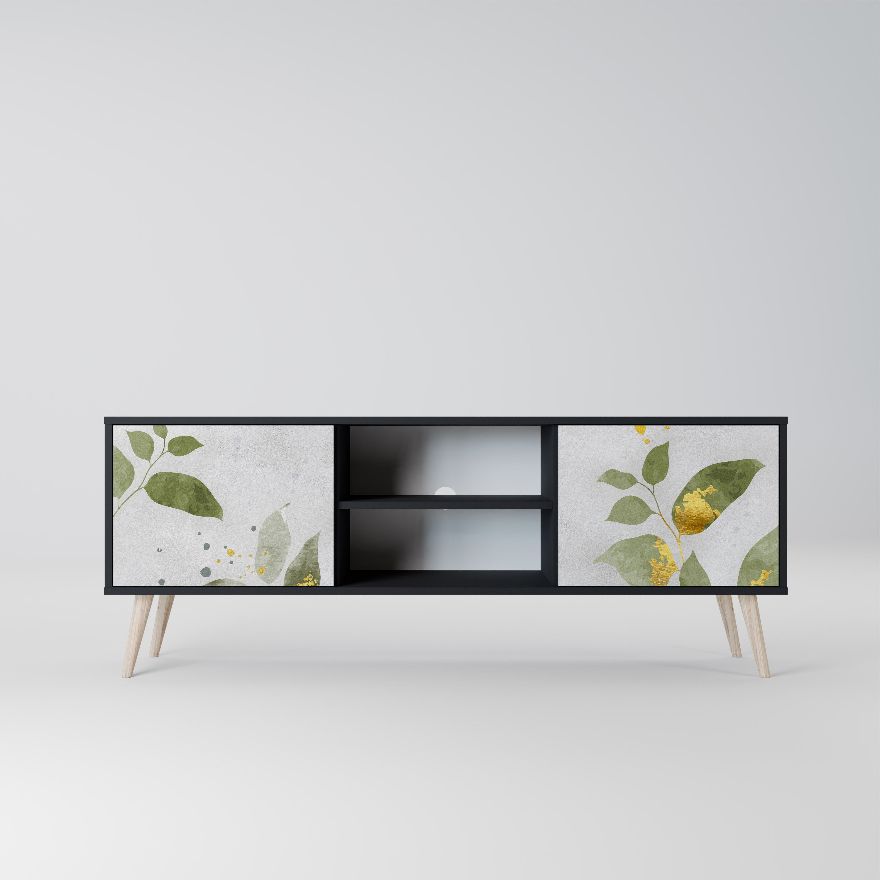 Elegante mueble de TV de 2 puertas BOTANICS con acabado negro