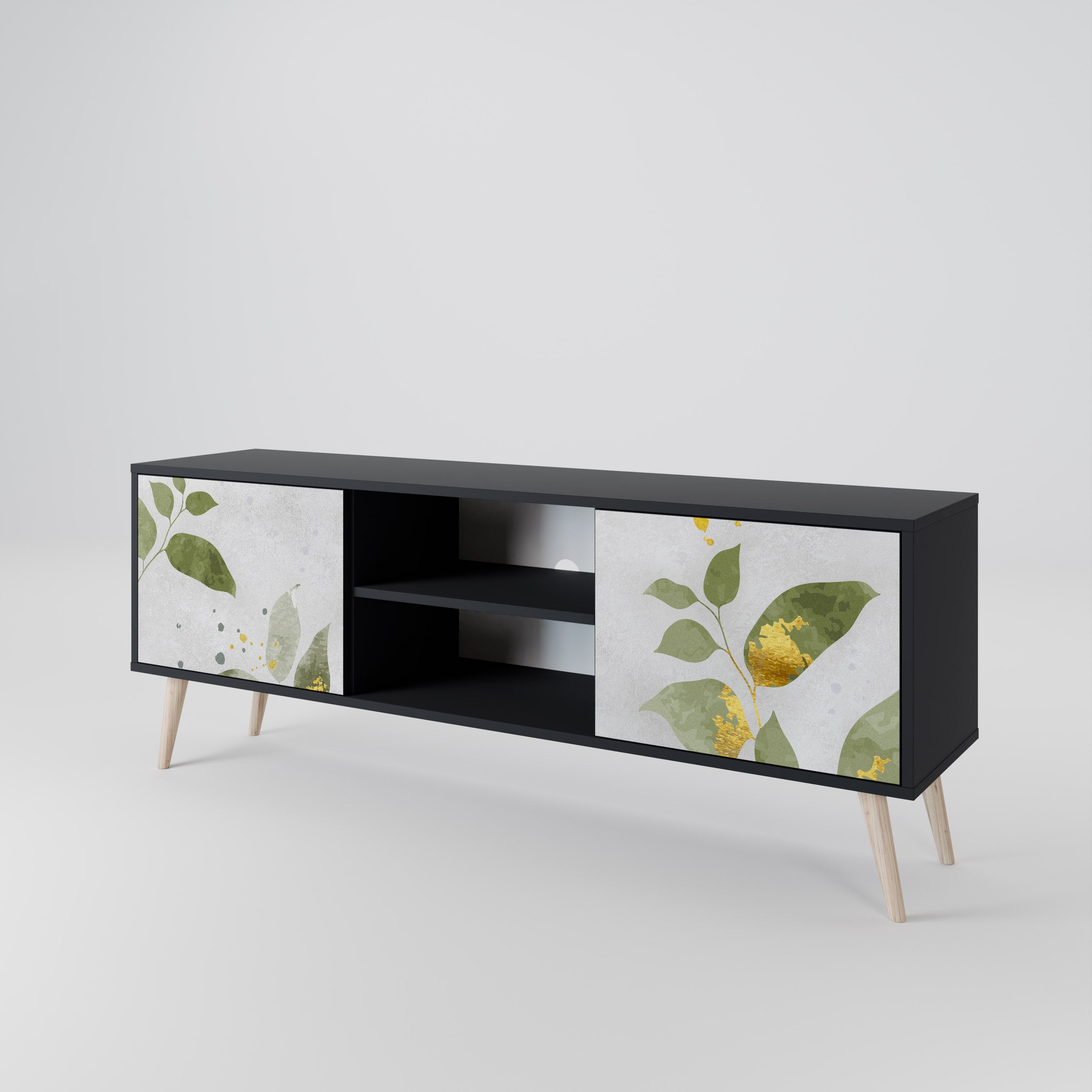 Elegante mueble de TV de 2 puertas BOTANICS con acabado negro