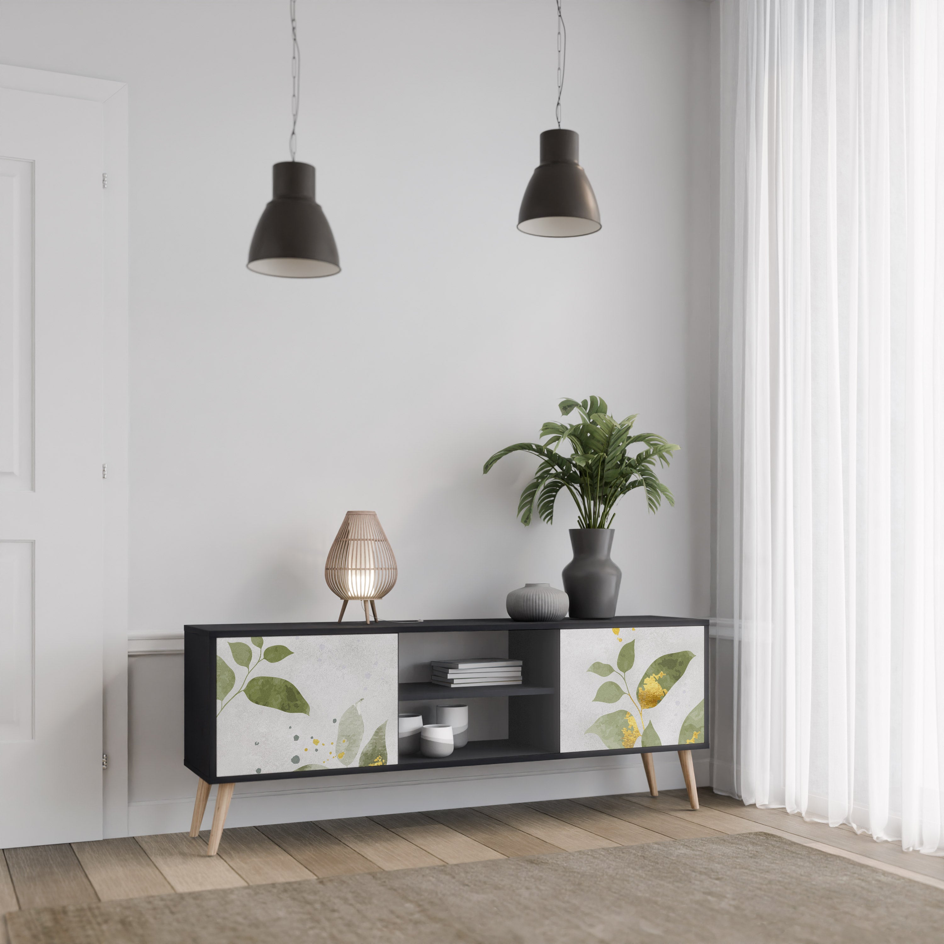 Elegante mueble de TV de 2 puertas BOTANICS con acabado negro