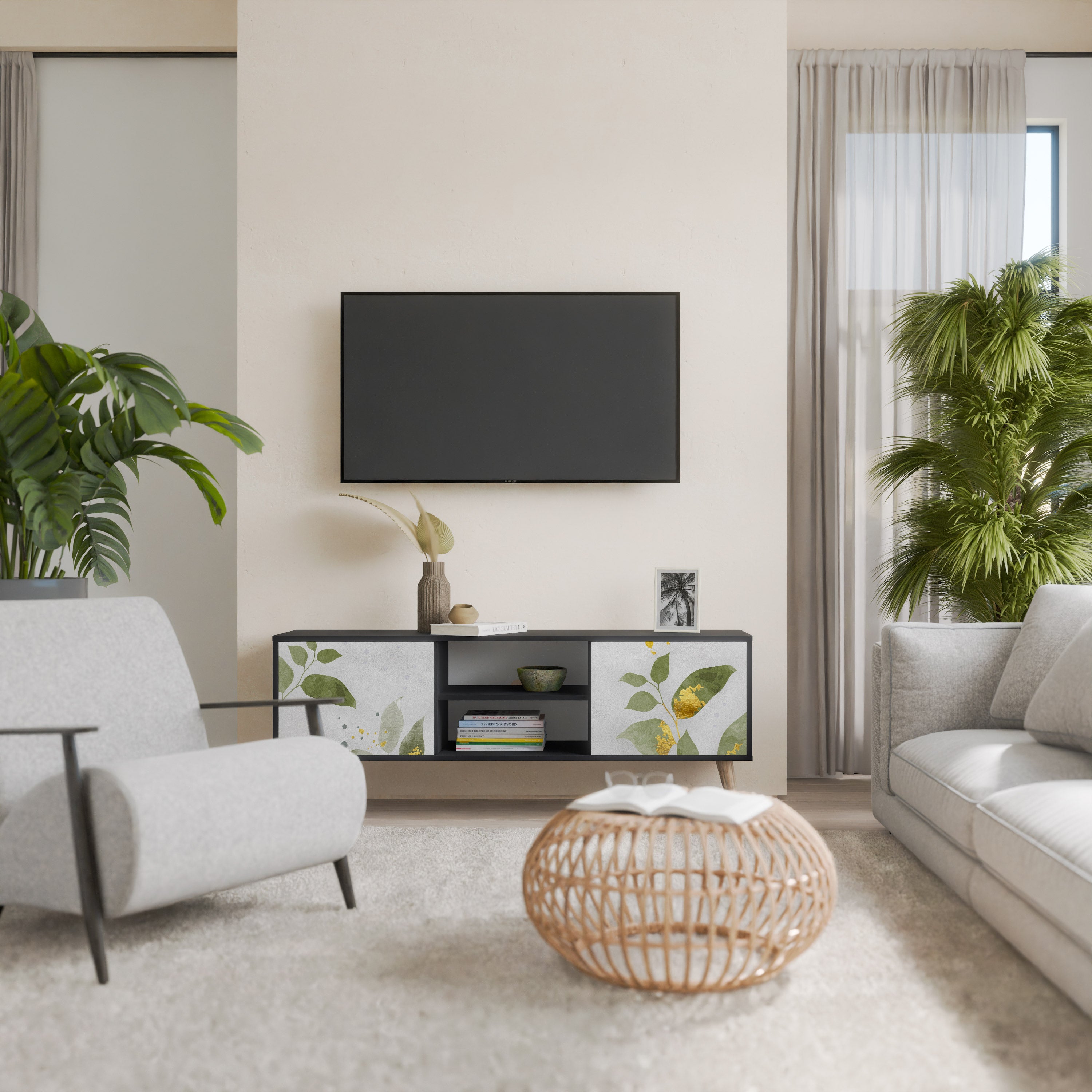 Elegante mueble de TV de 2 puertas BOTANICS con acabado negro