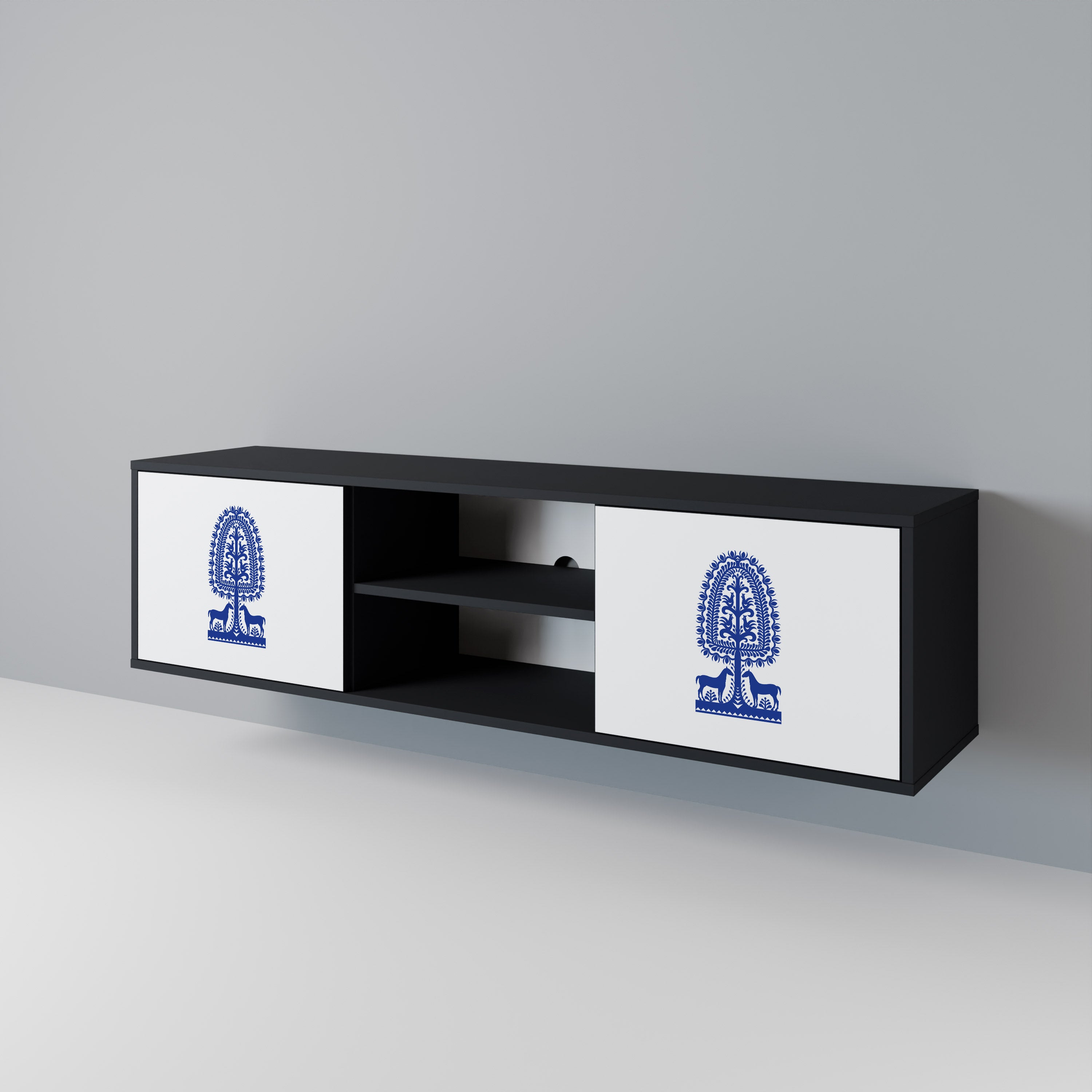 Mueble de TV de dos puertas con acabado negro de arte popular polaco