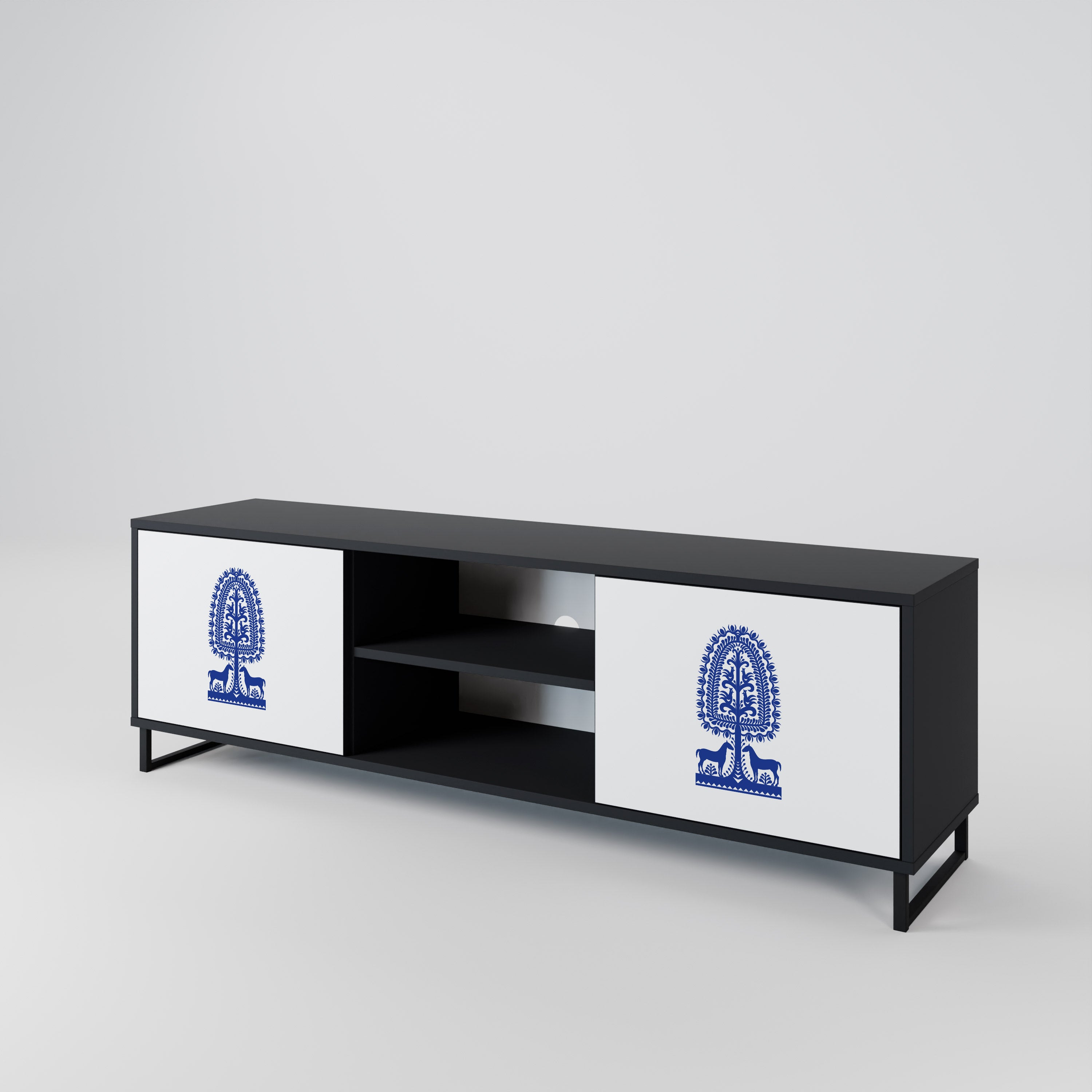 Mueble de TV de dos puertas con acabado negro de arte popular polaco