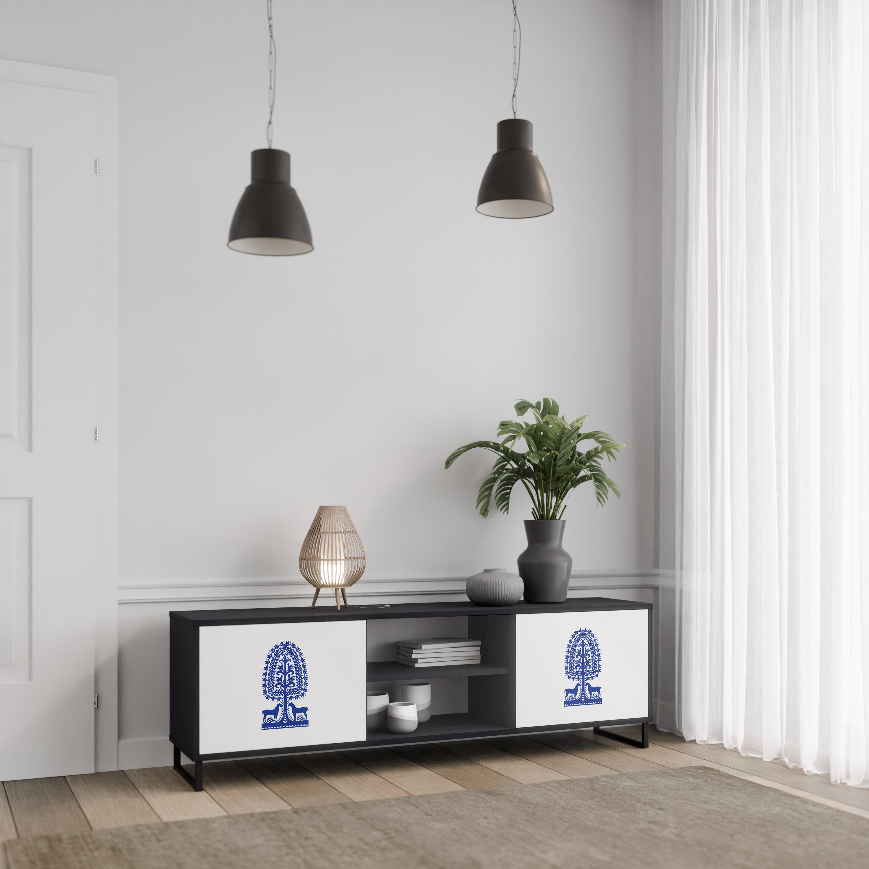 Mueble de TV de dos puertas con acabado negro de arte popular polaco
