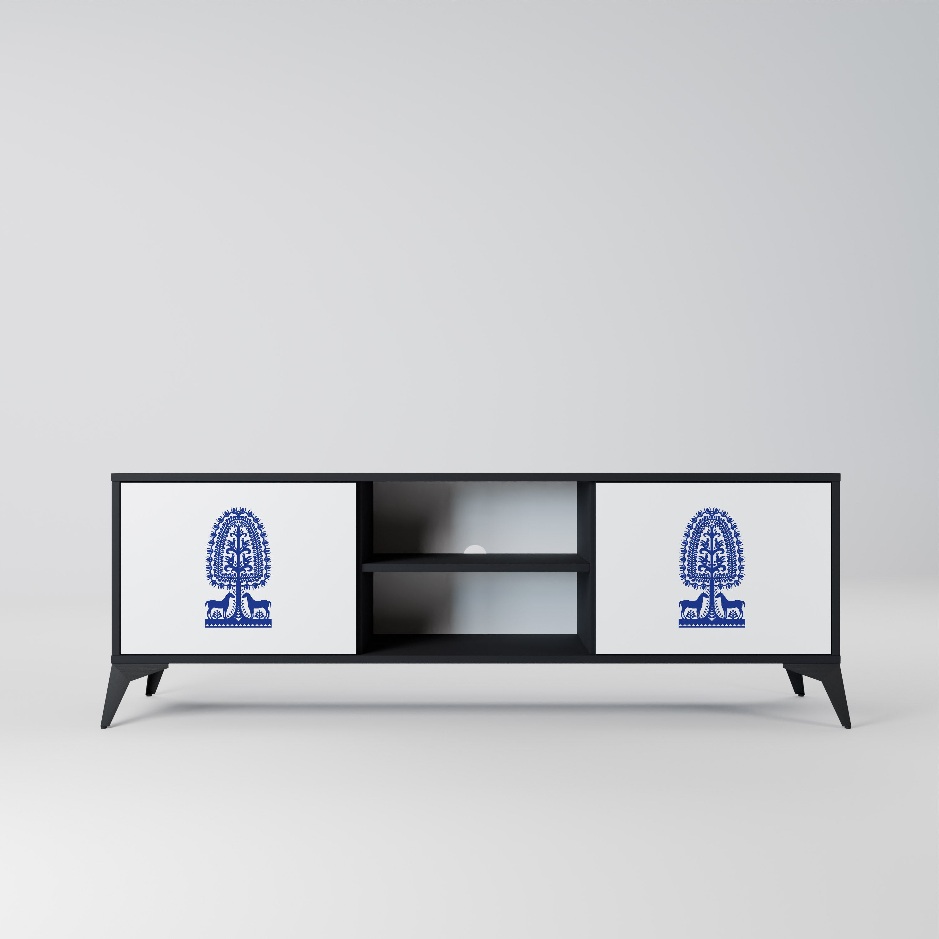 Mueble de TV de dos puertas con acabado negro de arte popular polaco
