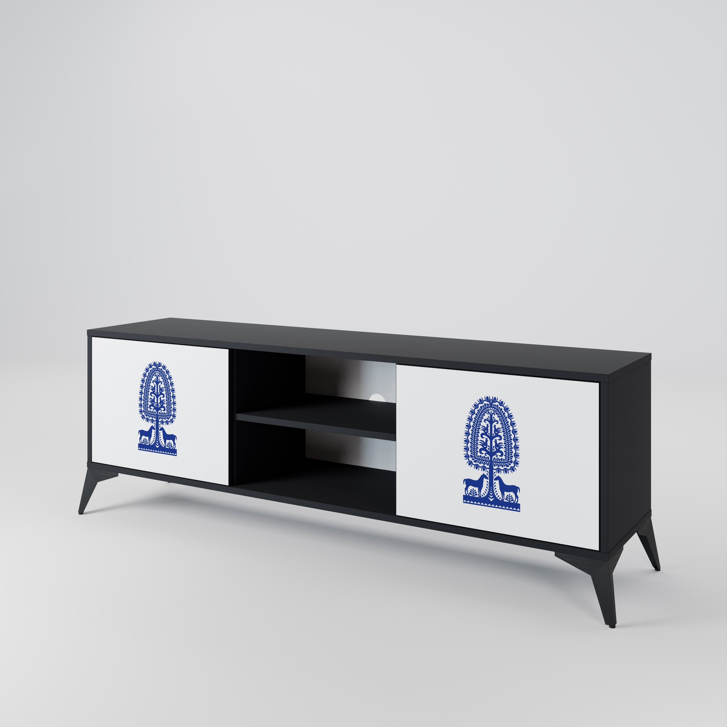 Mueble de TV de dos puertas con acabado negro de arte popular polaco