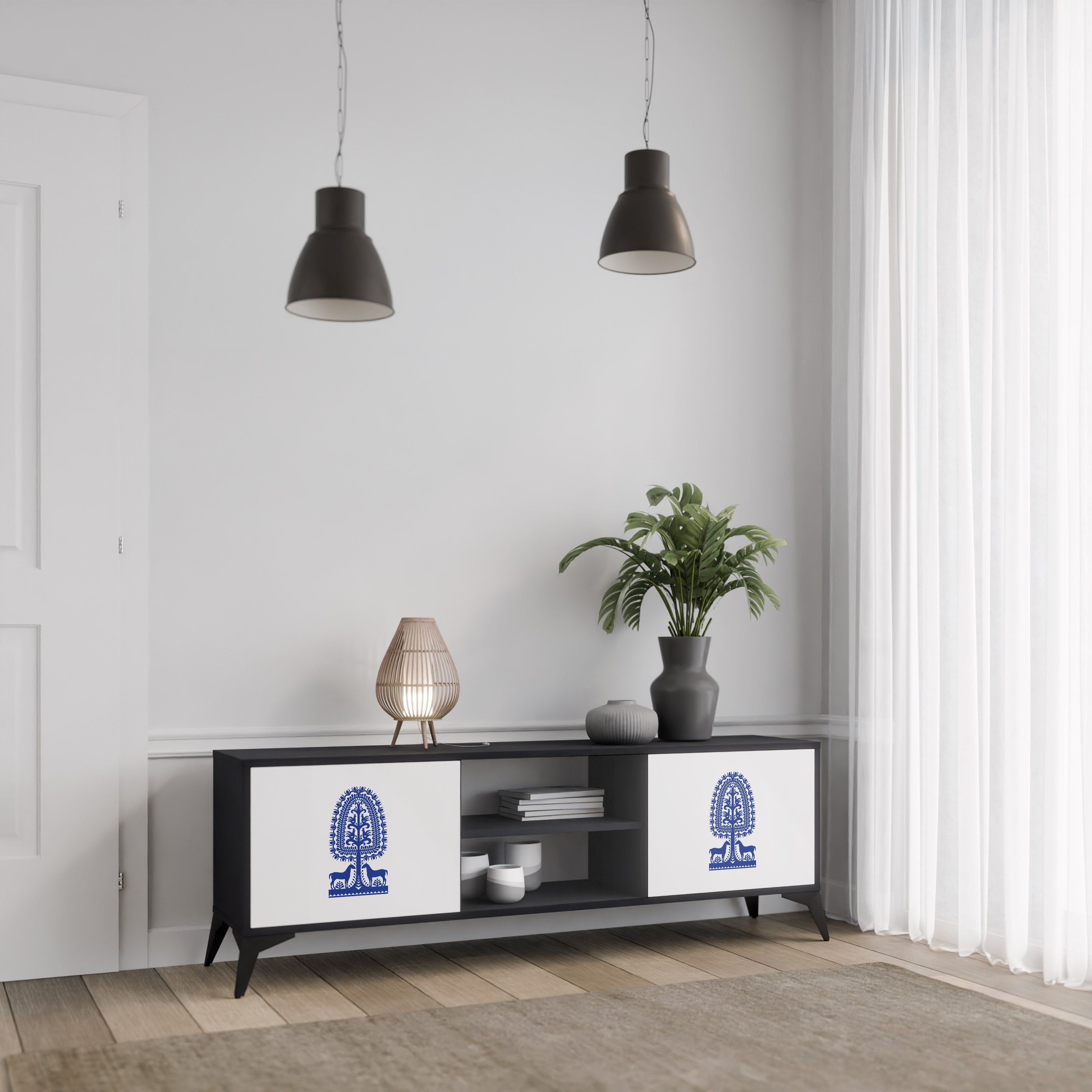 Mueble de TV de dos puertas con acabado negro de arte popular polaco