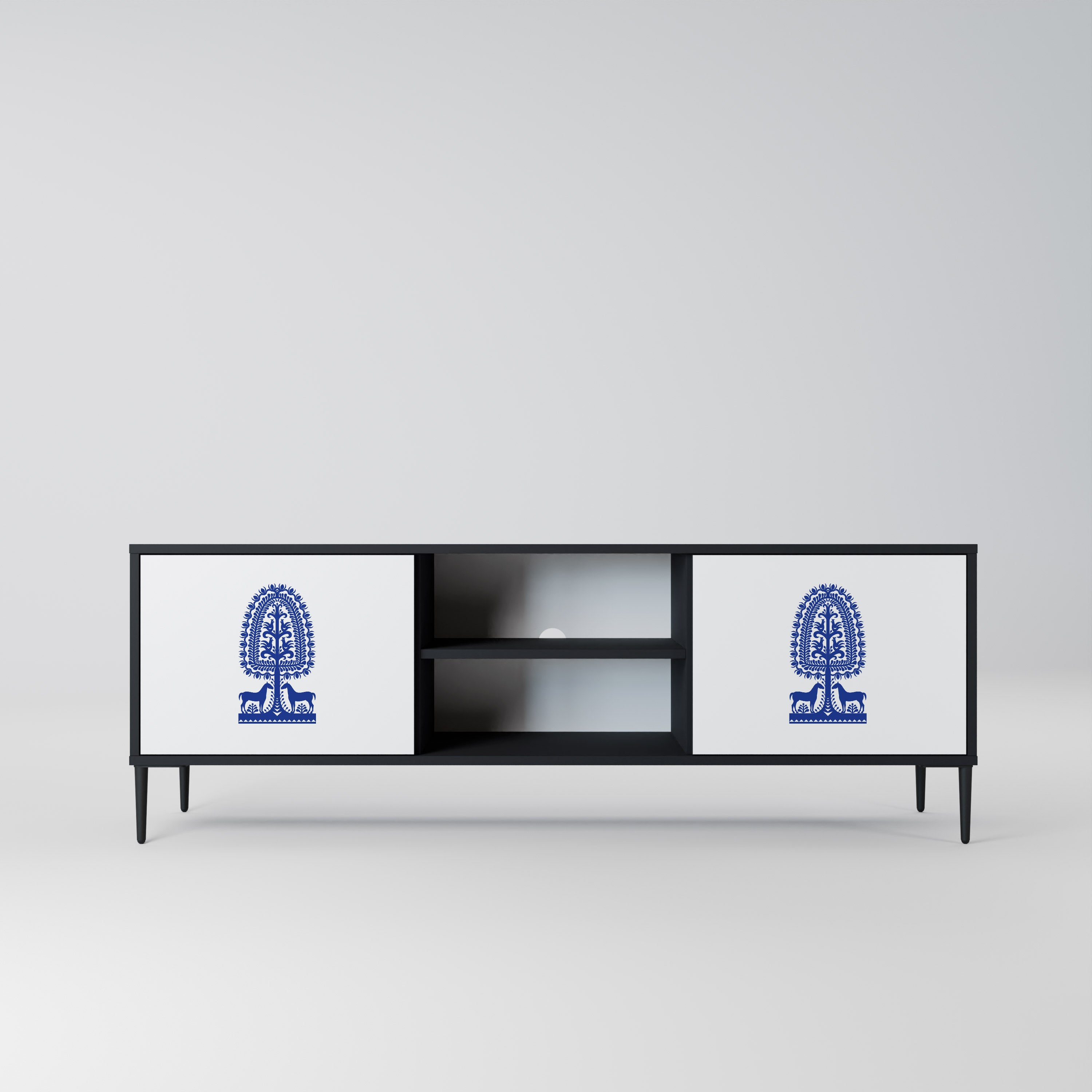 Mueble de TV de dos puertas con acabado negro de arte popular polaco