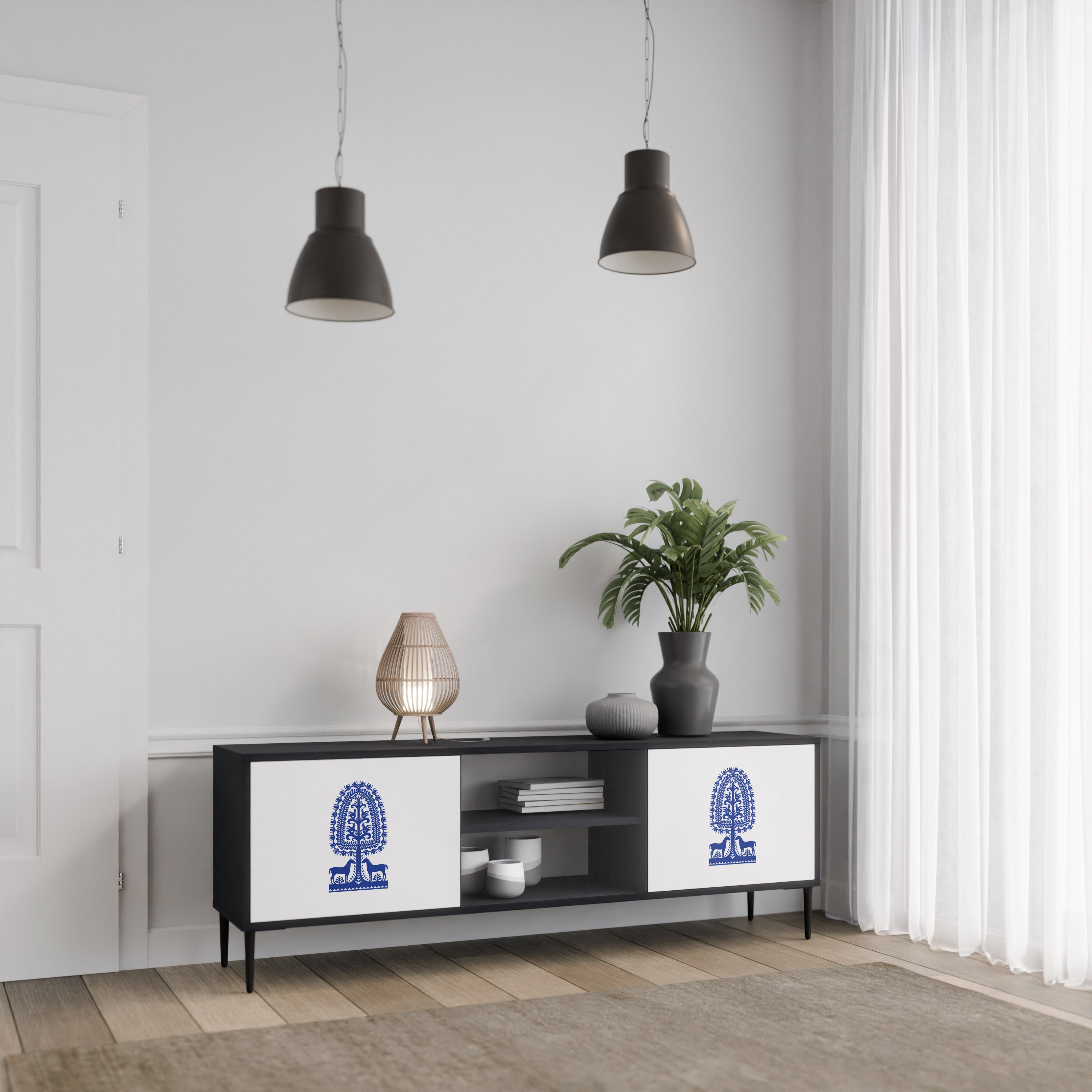 Mueble de TV de dos puertas con acabado negro de arte popular polaco