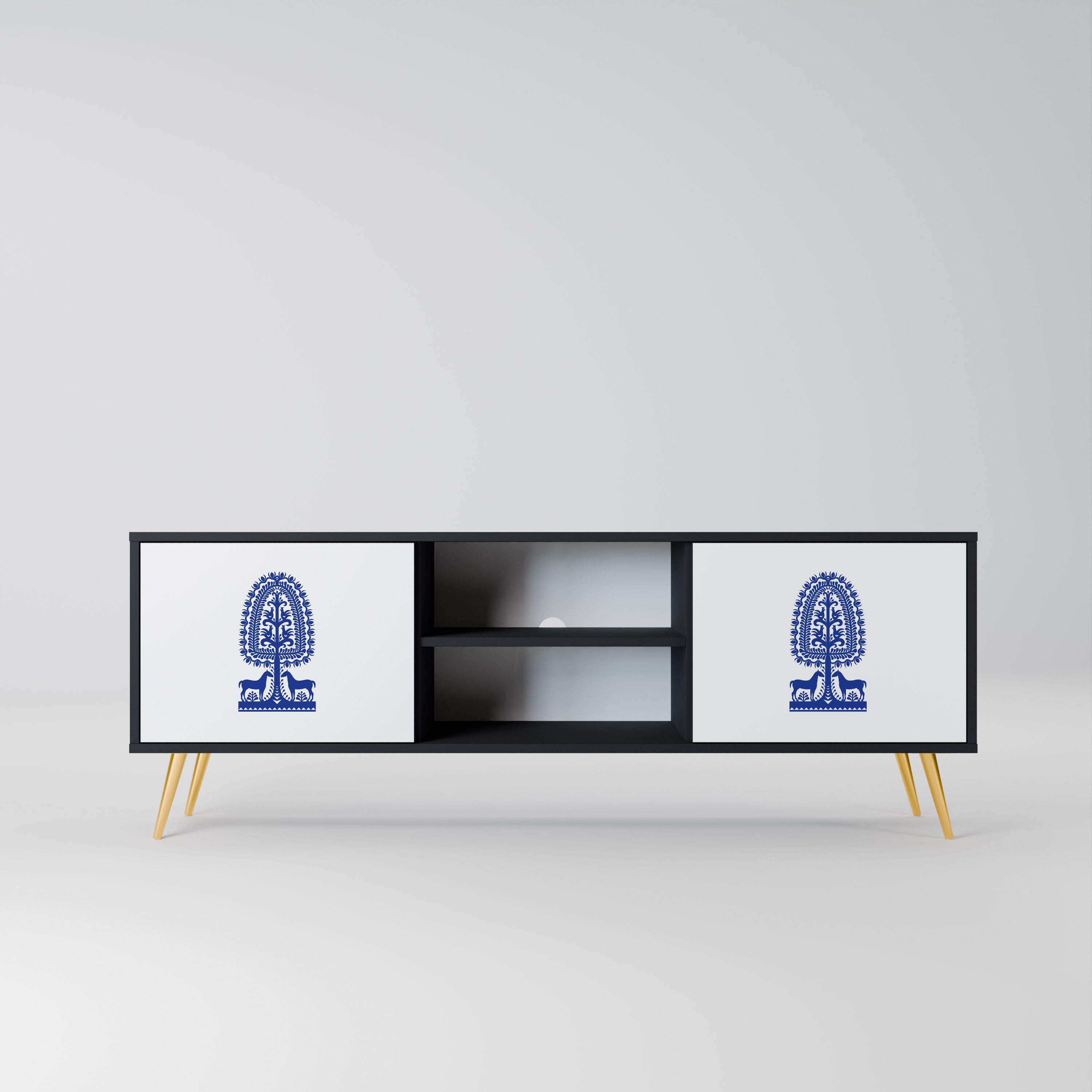 Mueble de TV de dos puertas con acabado negro de arte popular polaco