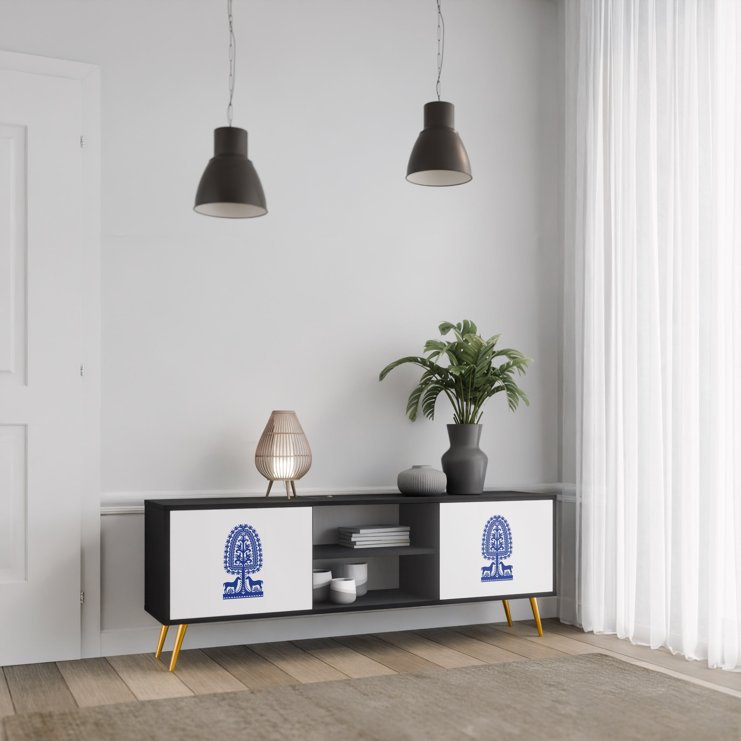 Mueble de TV de dos puertas con acabado negro de arte popular polaco