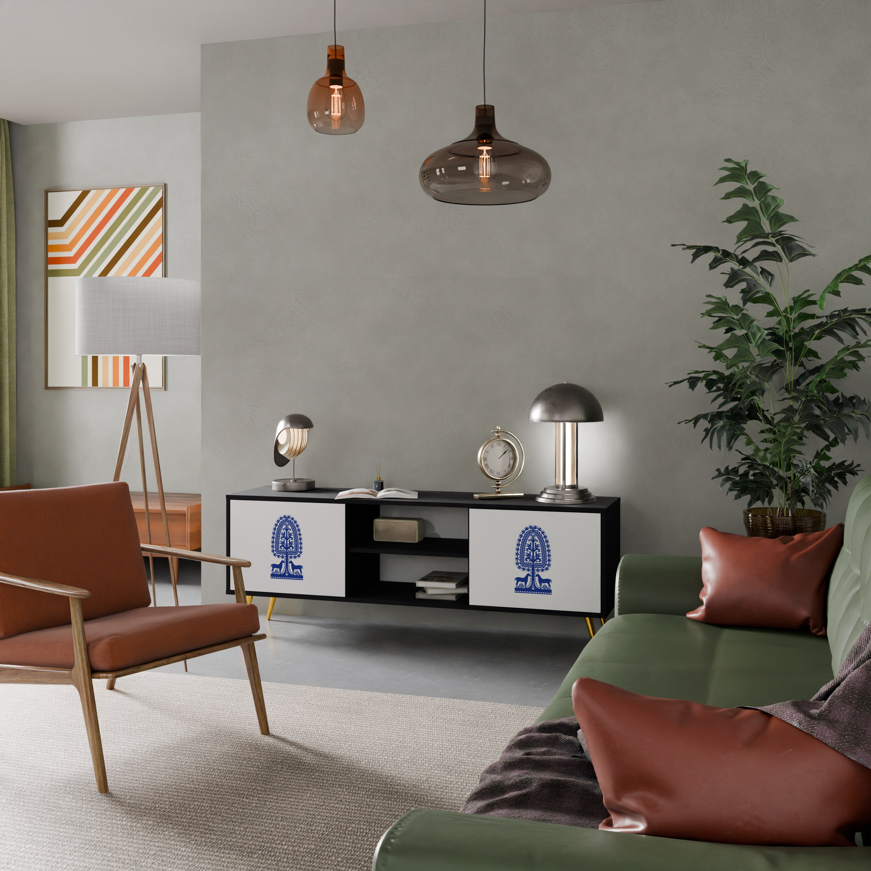 Mueble de TV de dos puertas con acabado negro de arte popular polaco