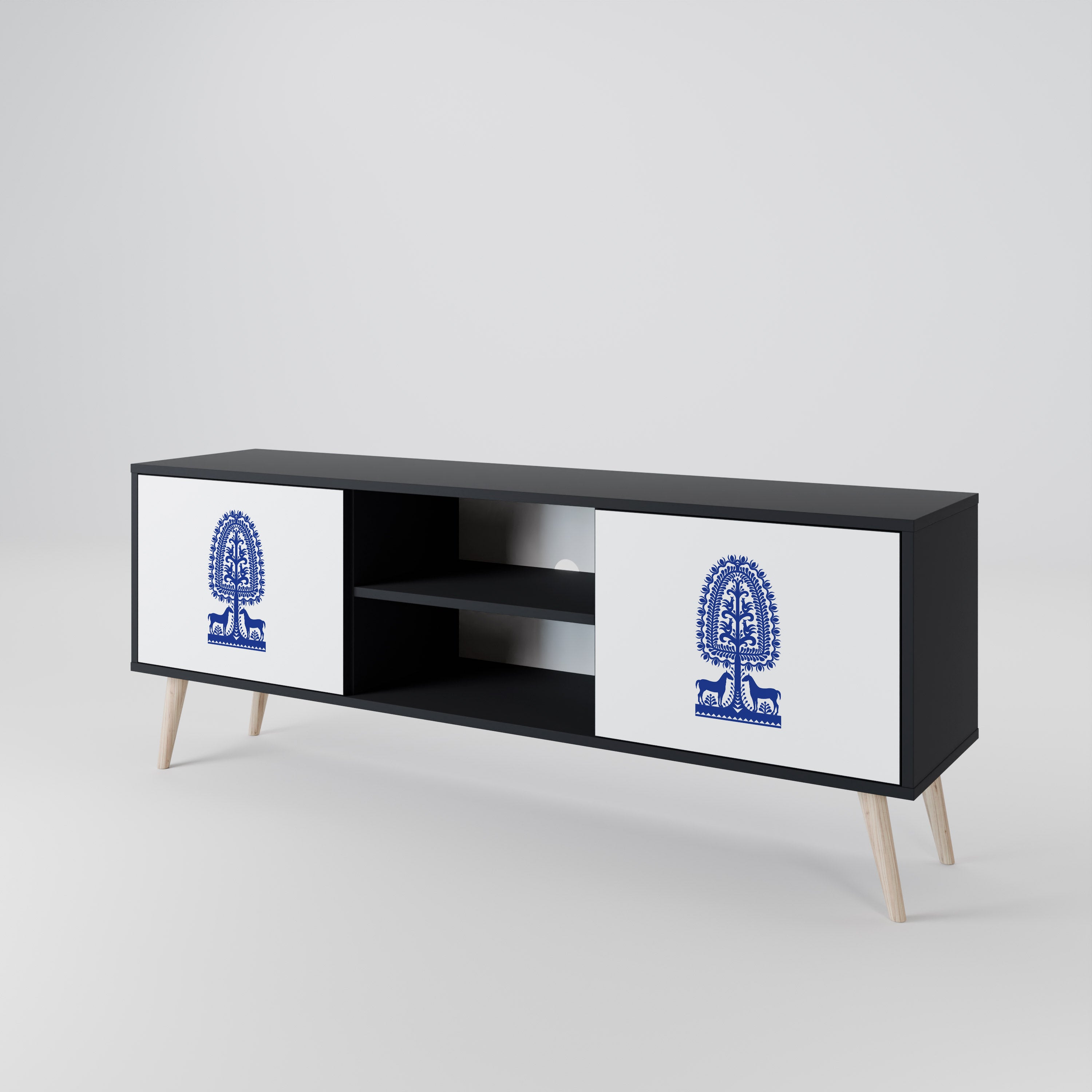 Mueble de TV de dos puertas con acabado negro de arte popular polaco