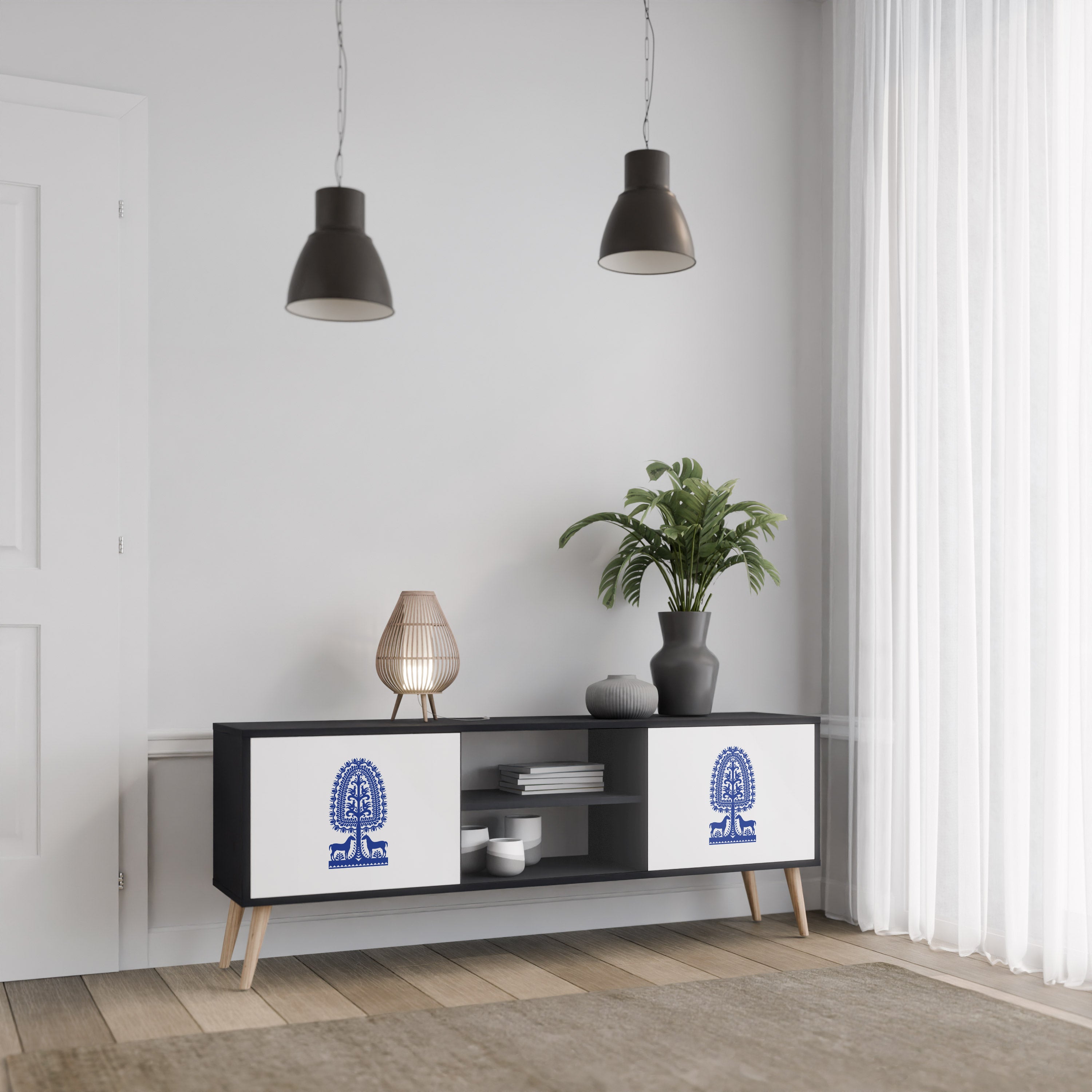 Mueble de TV de dos puertas con acabado negro de arte popular polaco