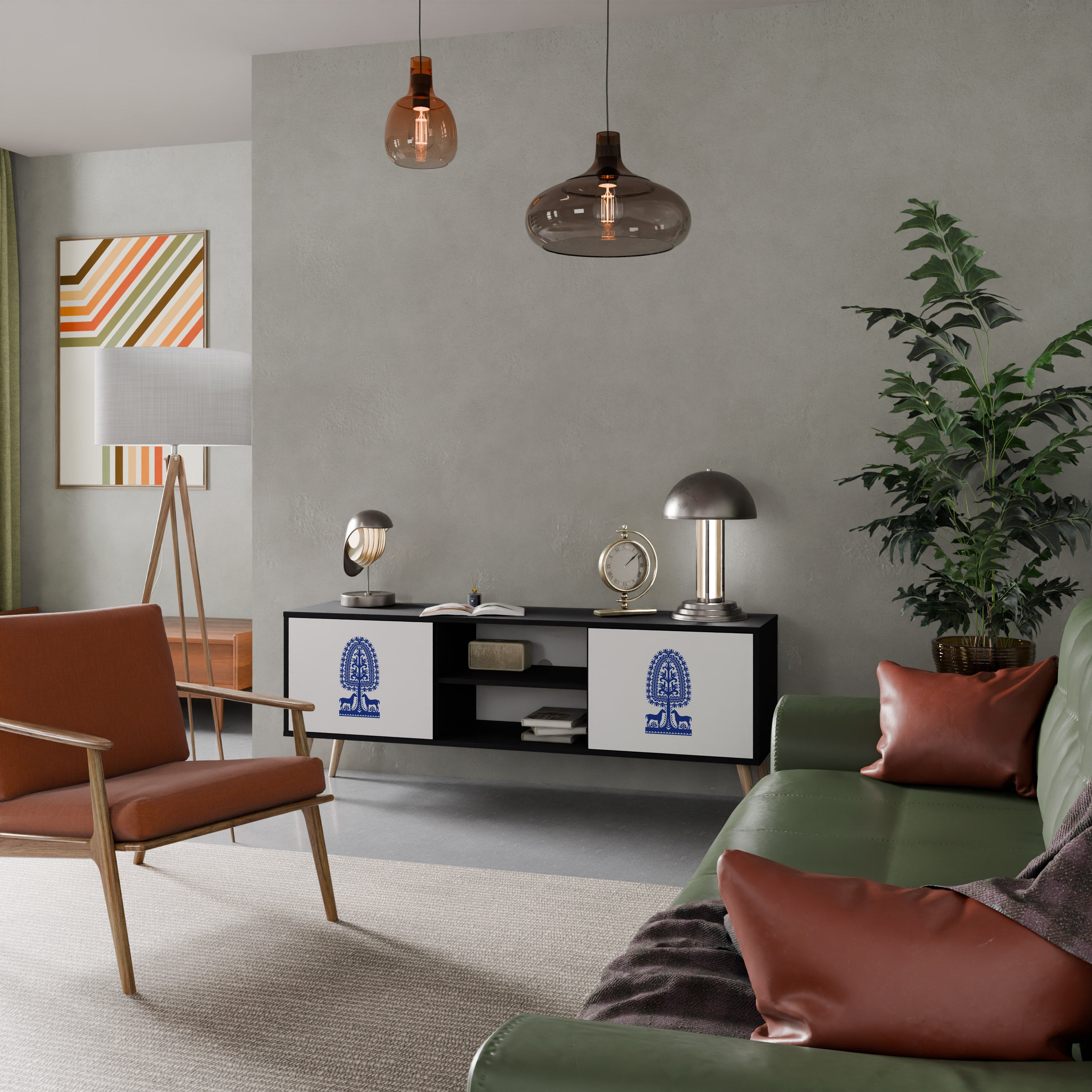 Mueble de TV de dos puertas con acabado negro de arte popular polaco