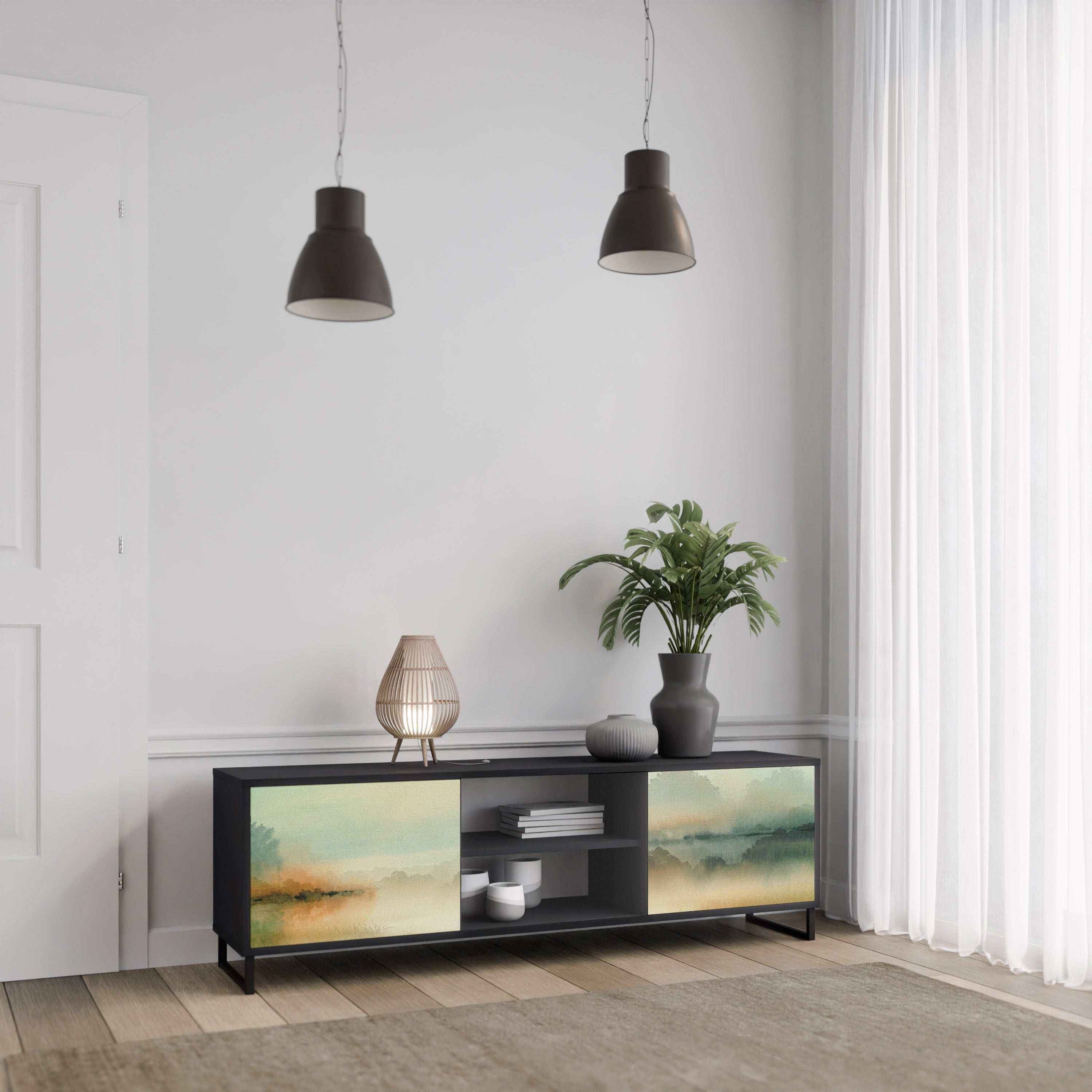 Mueble de TV de 2 puertas MORNING BY THE LAKE con acabado negro