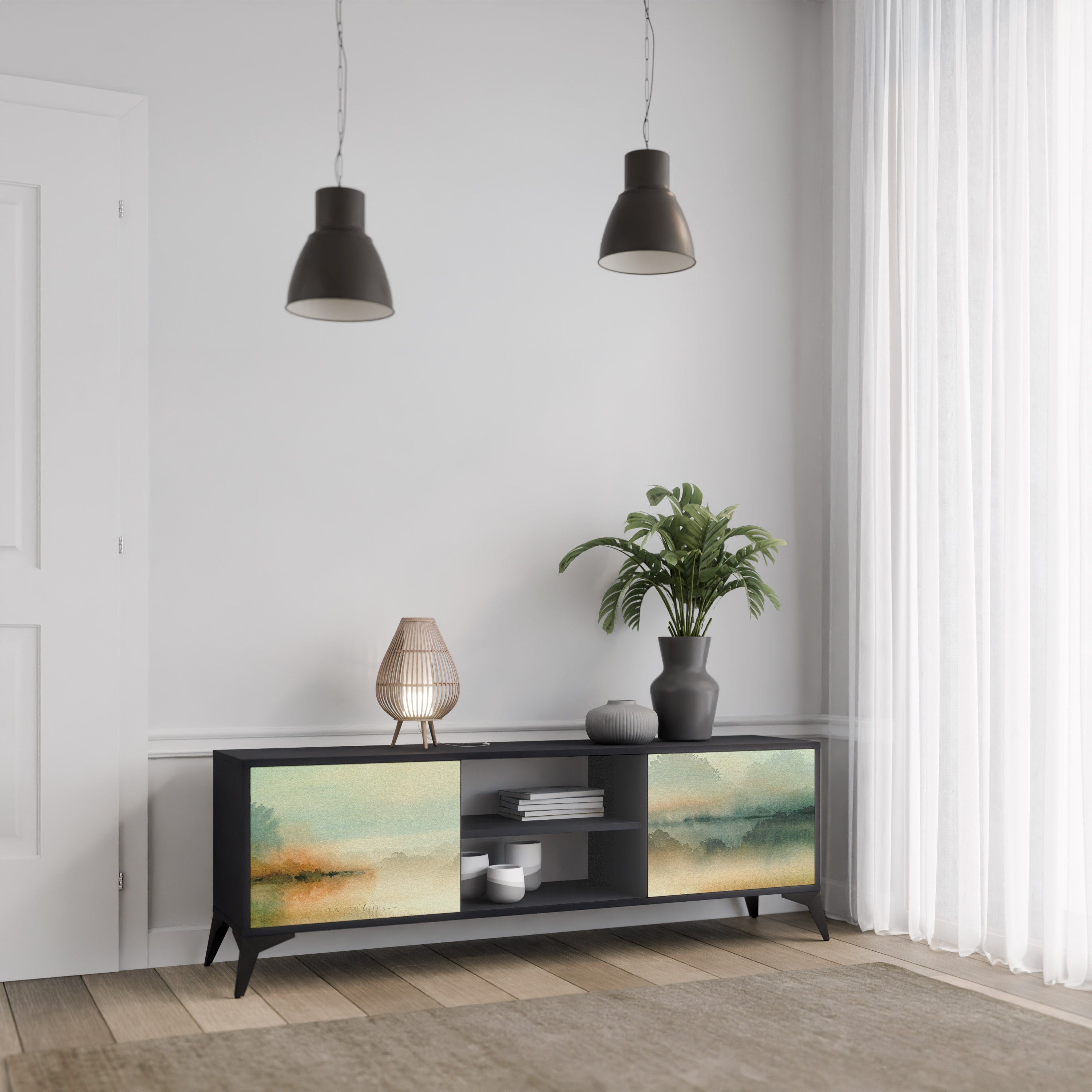 Mueble de TV de 2 puertas MORNING BY THE LAKE con acabado negro