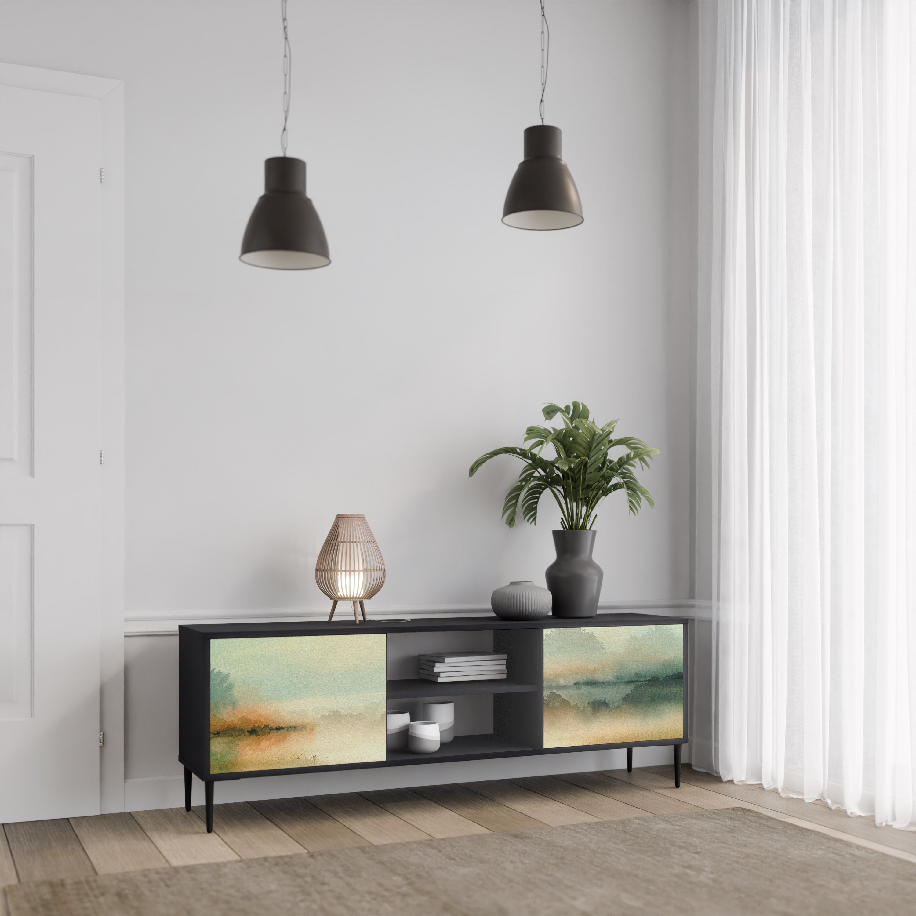 Mueble de TV de 2 puertas MORNING BY THE LAKE con acabado negro