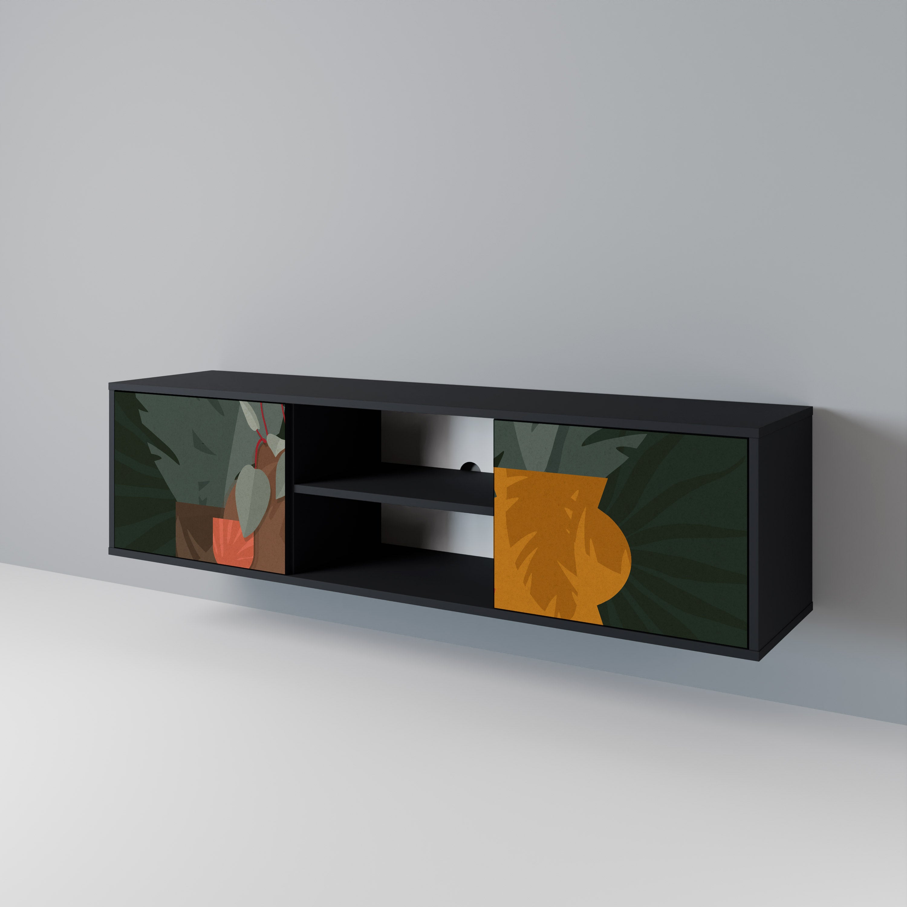 COMPOSICIÓN TROPICAL Mueble de TV de 2 puertas en acabado negro