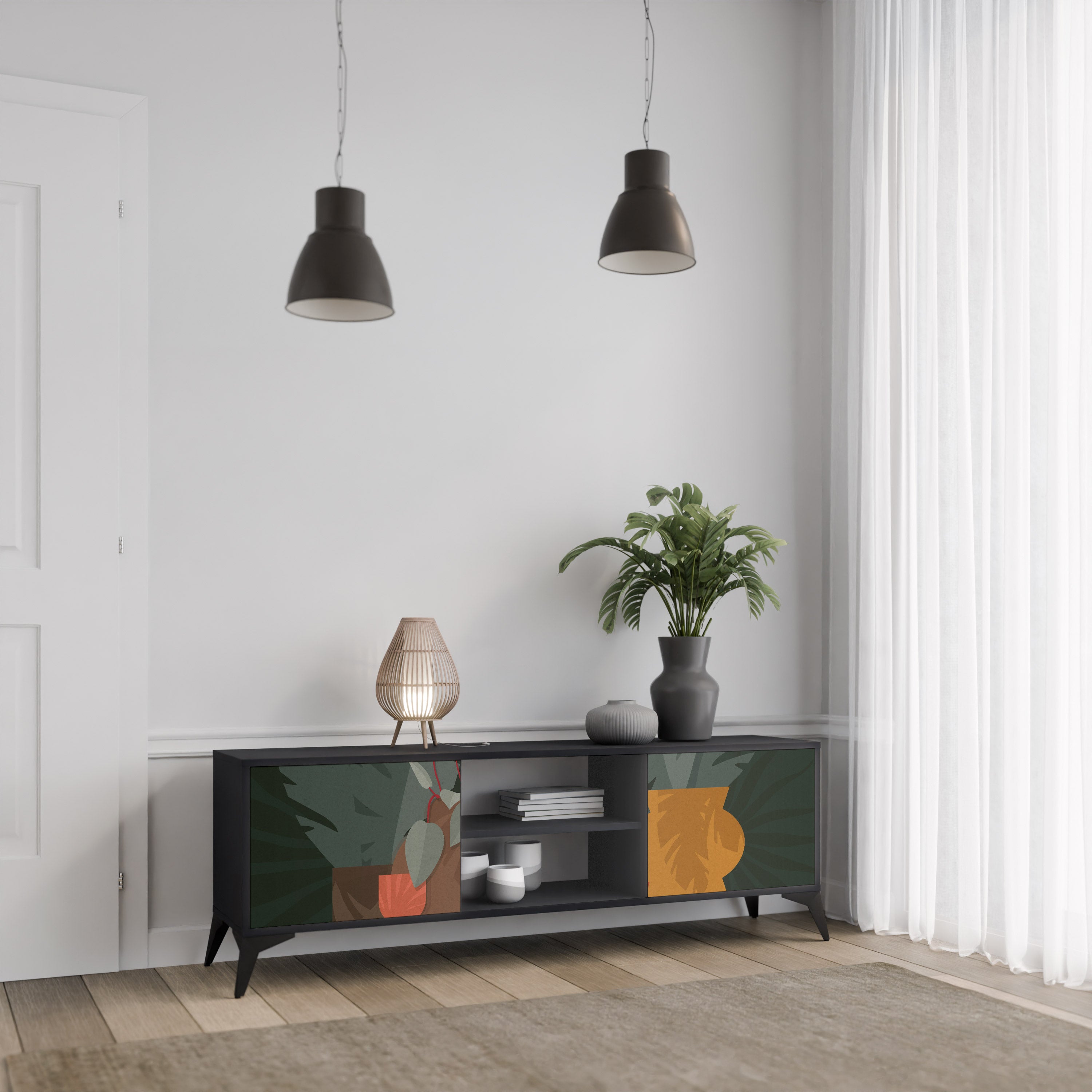 COMPOSICIÓN TROPICAL Mueble de TV de 2 puertas en acabado negro