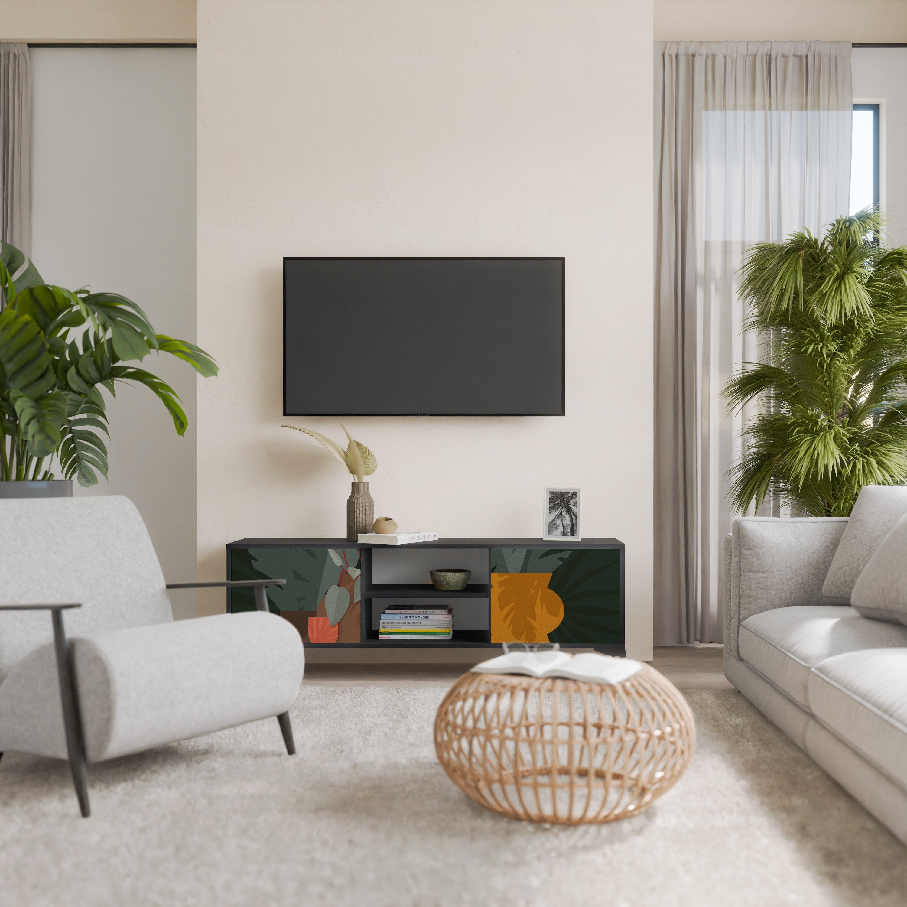 COMPOSICIÓN TROPICAL Mueble de TV de 2 puertas en acabado negro