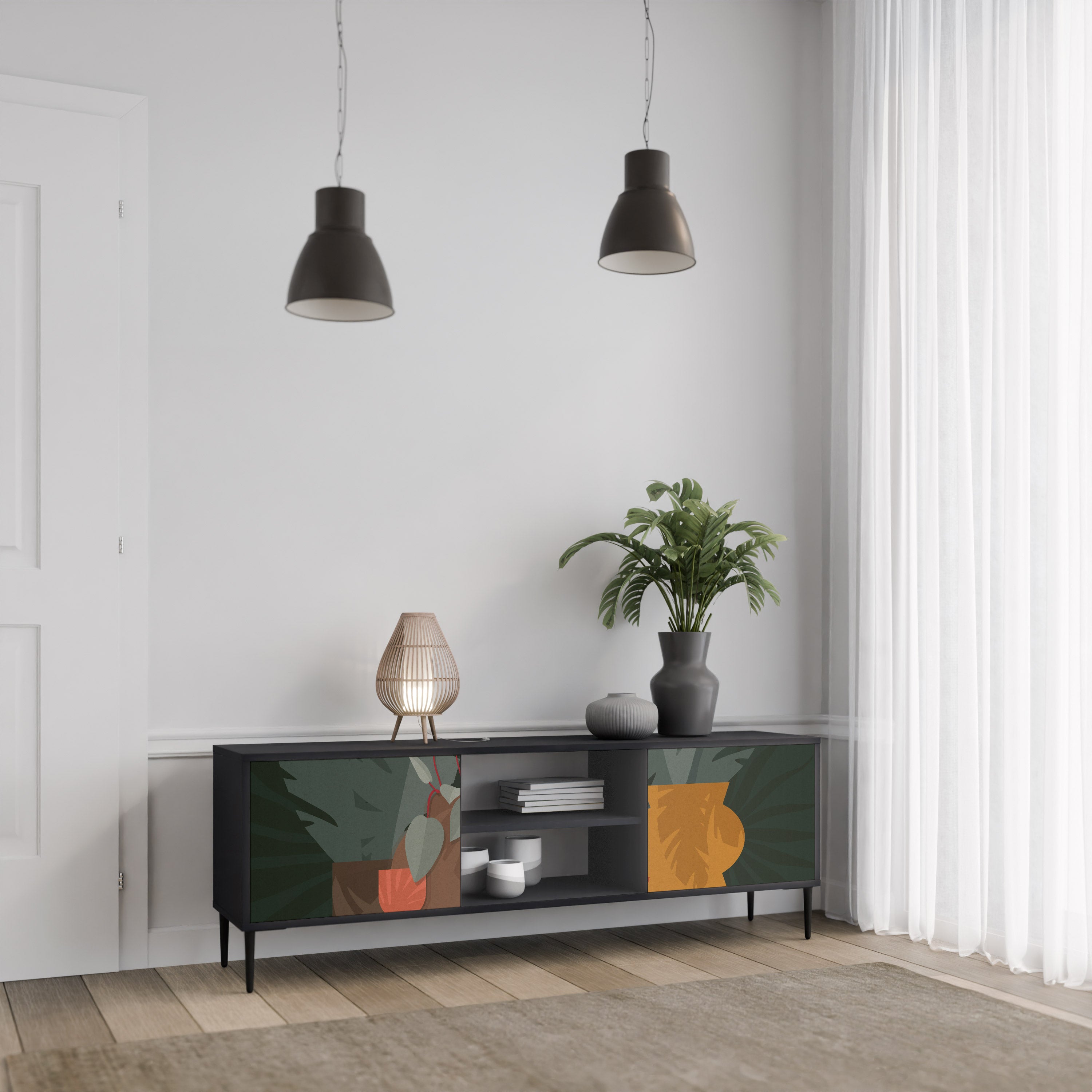 COMPOSICIÓN TROPICAL Mueble de TV de 2 puertas en acabado negro