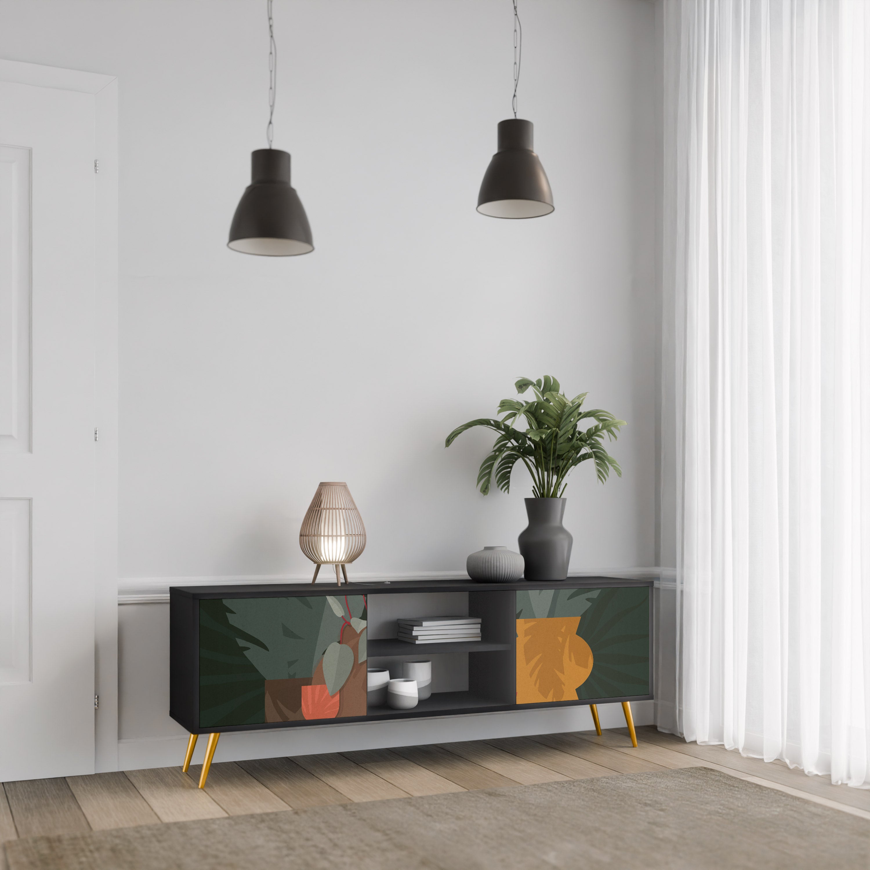 COMPOSICIÓN TROPICAL Mueble de TV de 2 puertas en acabado negro