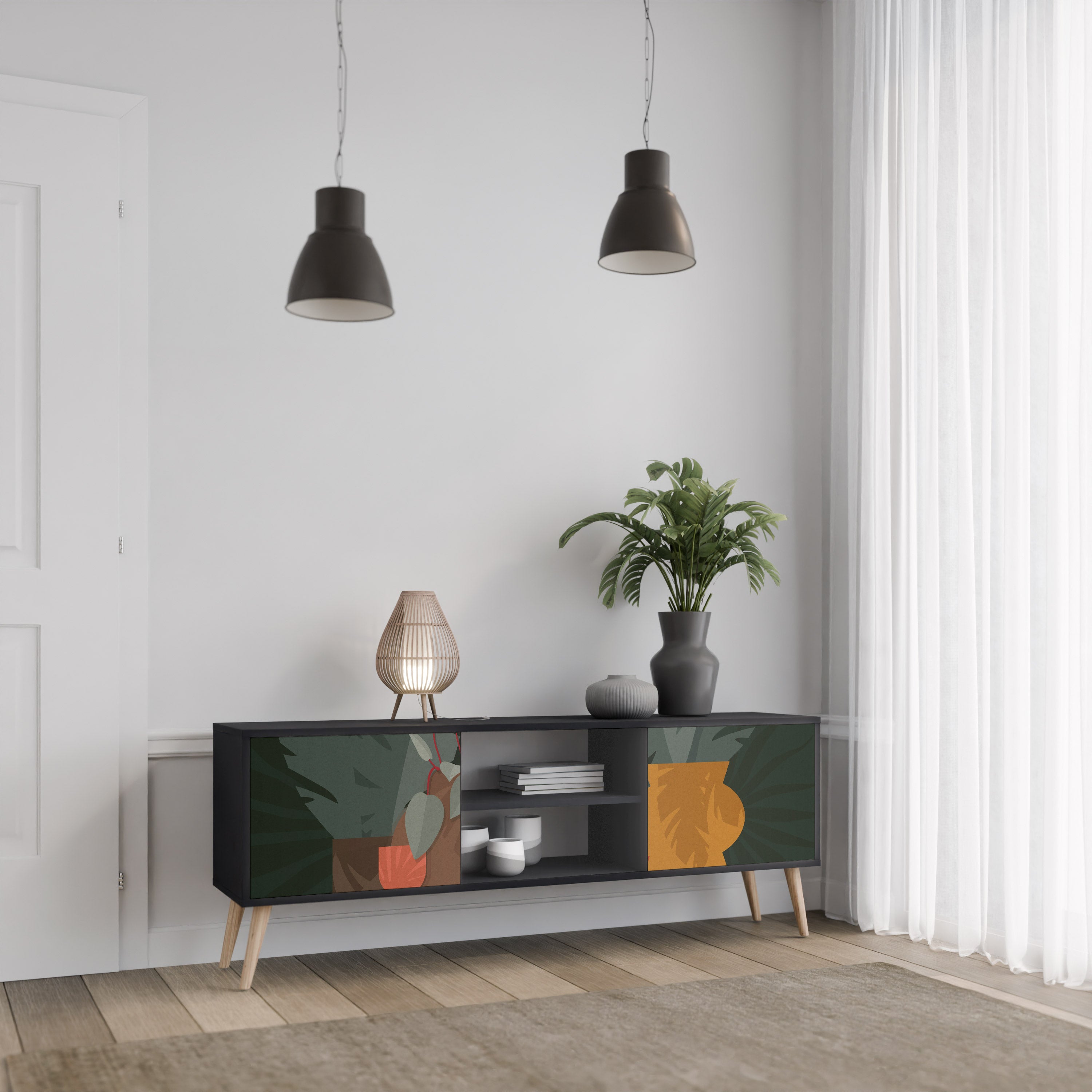 COMPOSICIÓN TROPICAL Mueble de TV de 2 puertas en acabado negro