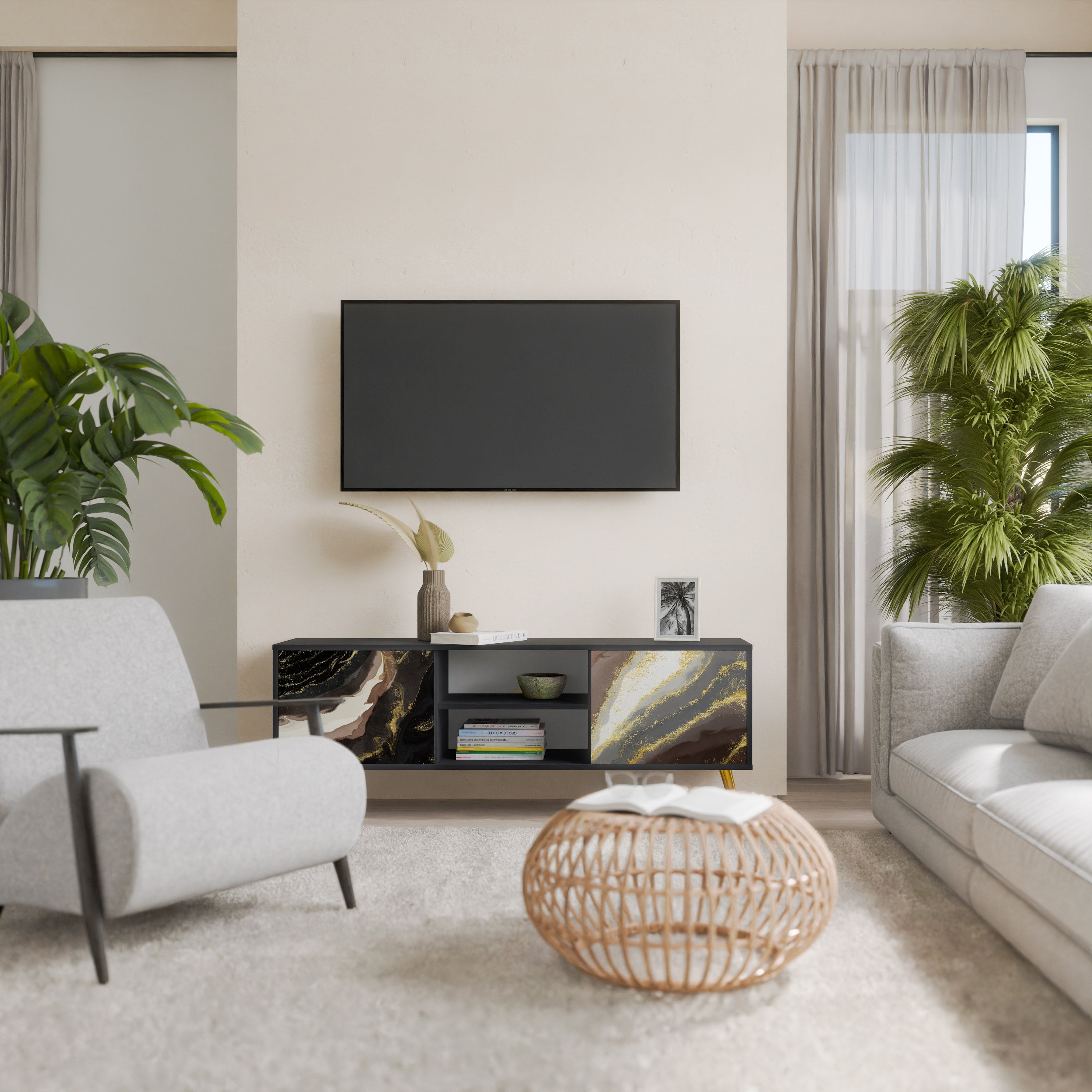Mueble de TV de 2 puertas GOLD DUST con acabado negro