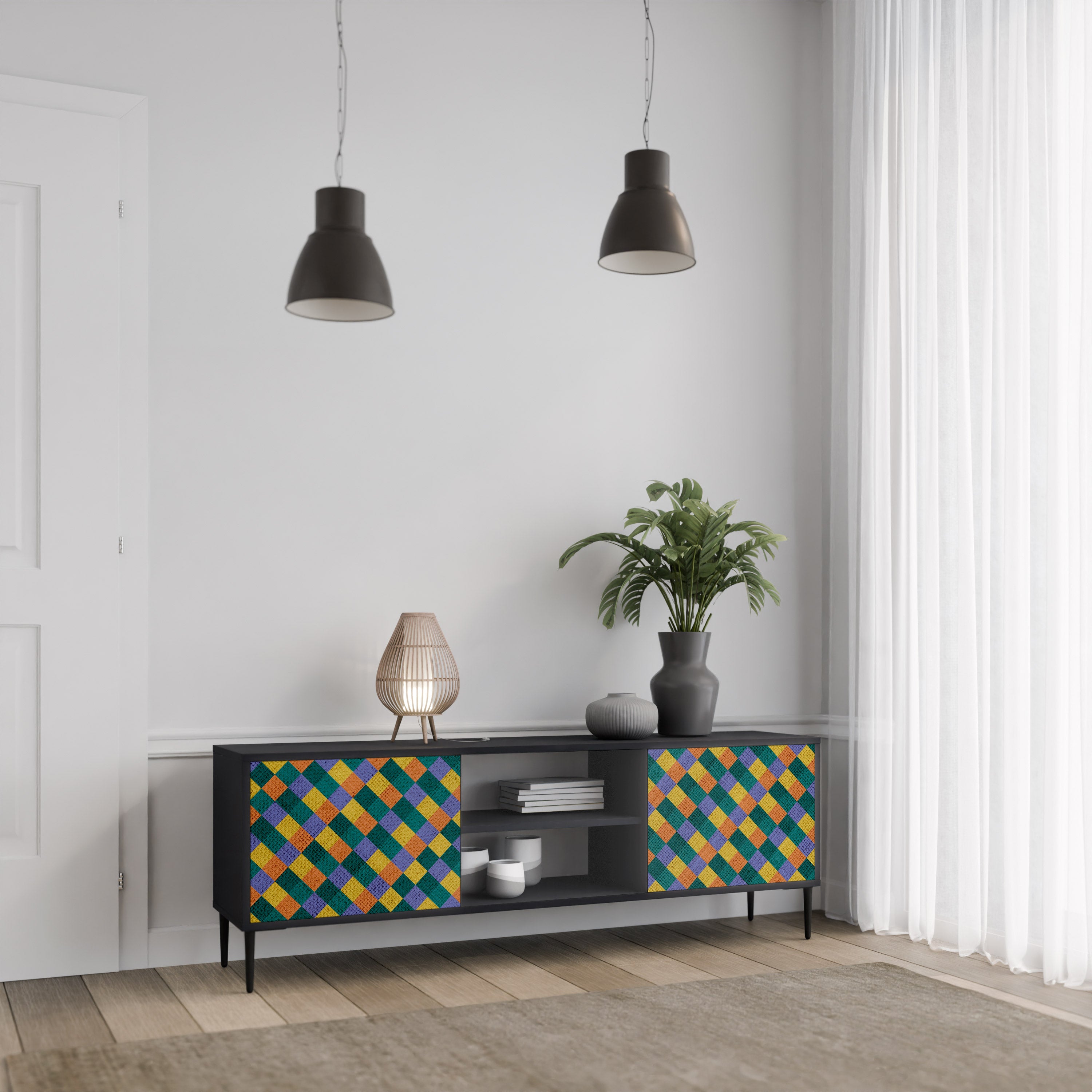 Mueble de TV de 2 puertas con acabado negro PAINTED SQUARES MIX