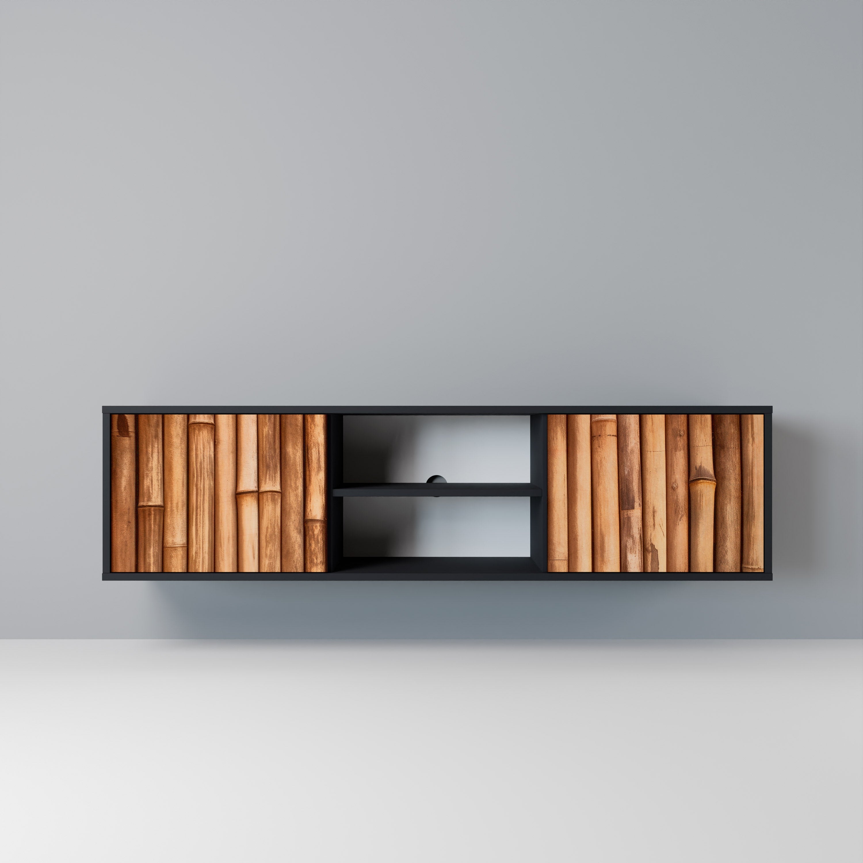 Mueble de TV de 2 puertas de madera natural con acabado negro