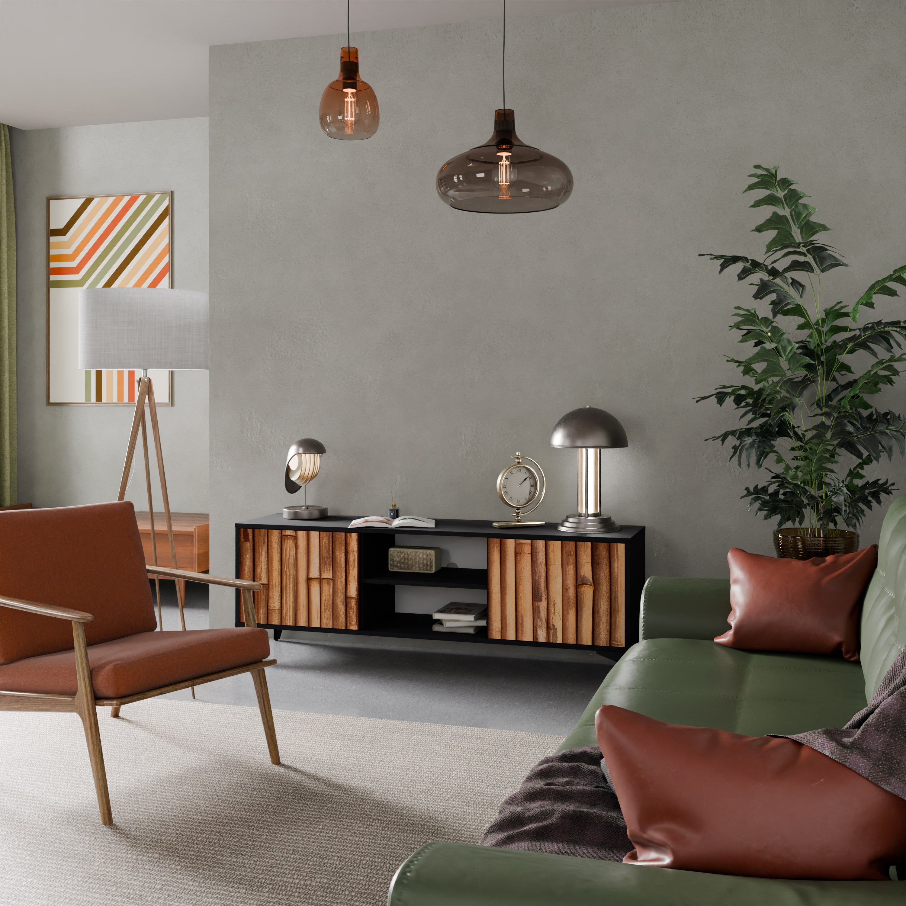 Mueble de TV de 2 puertas de madera natural con acabado negro