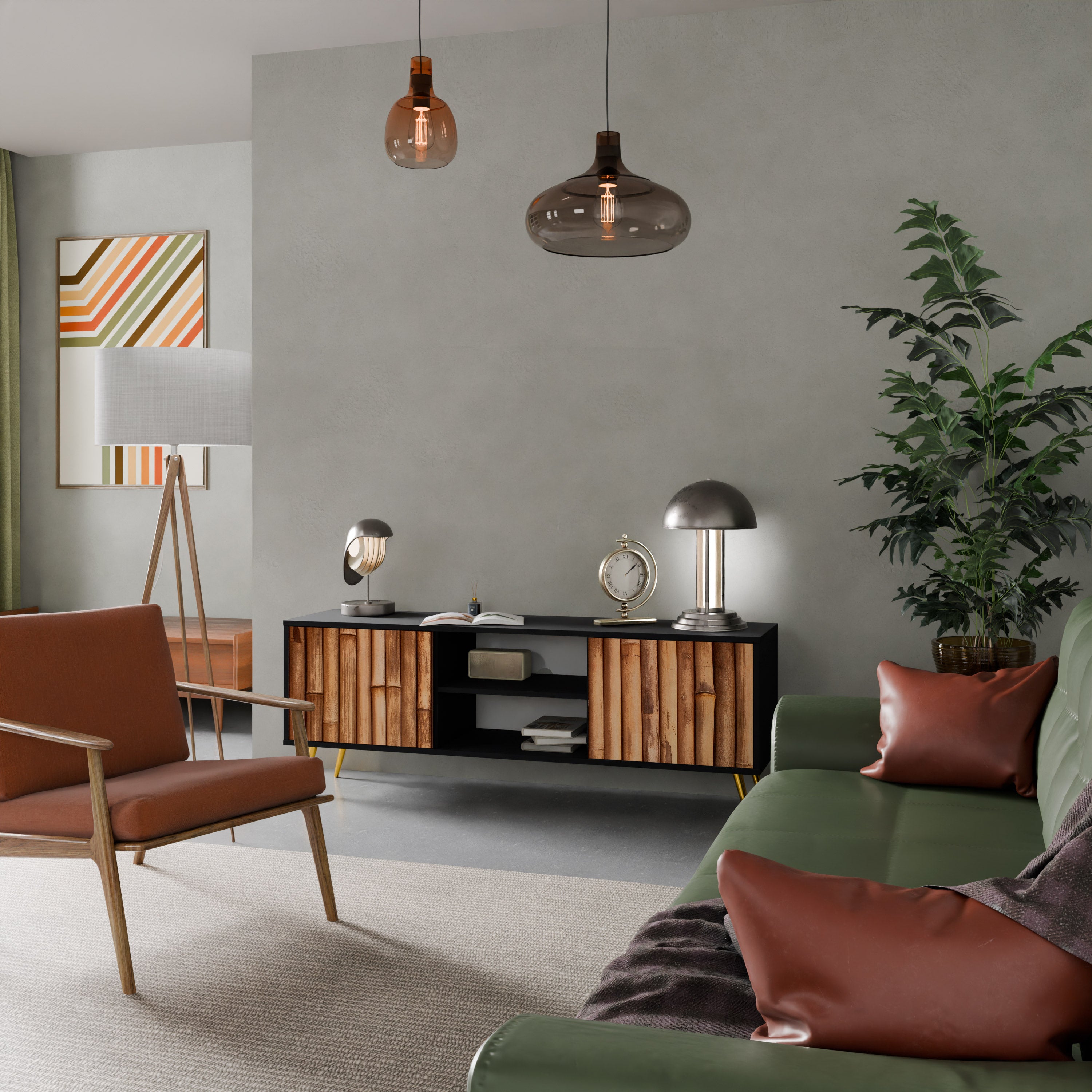 Mueble de TV de 2 puertas de madera natural con acabado negro