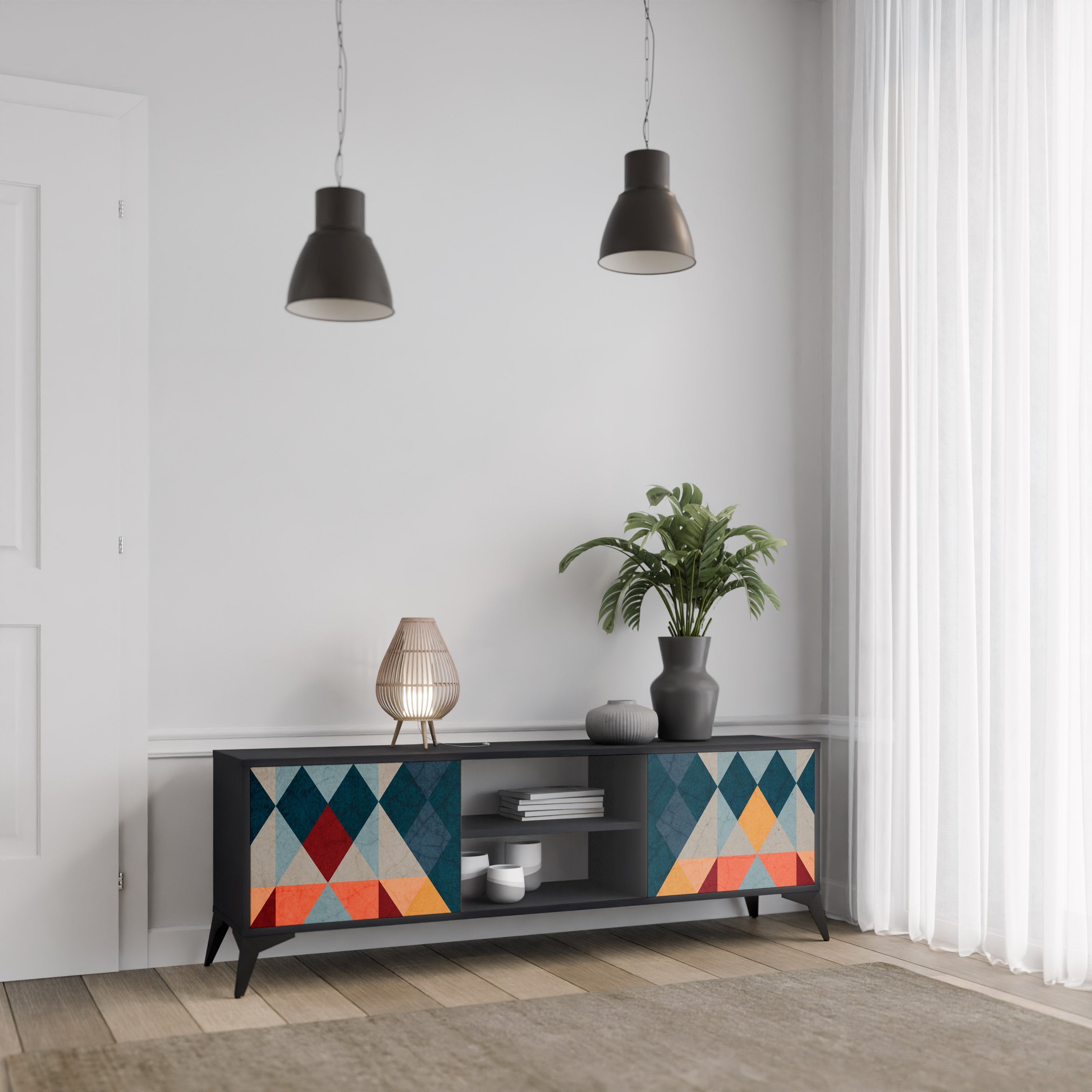 Mueble de TV de 2 puertas CRACKED ILLUSION con acabado negro