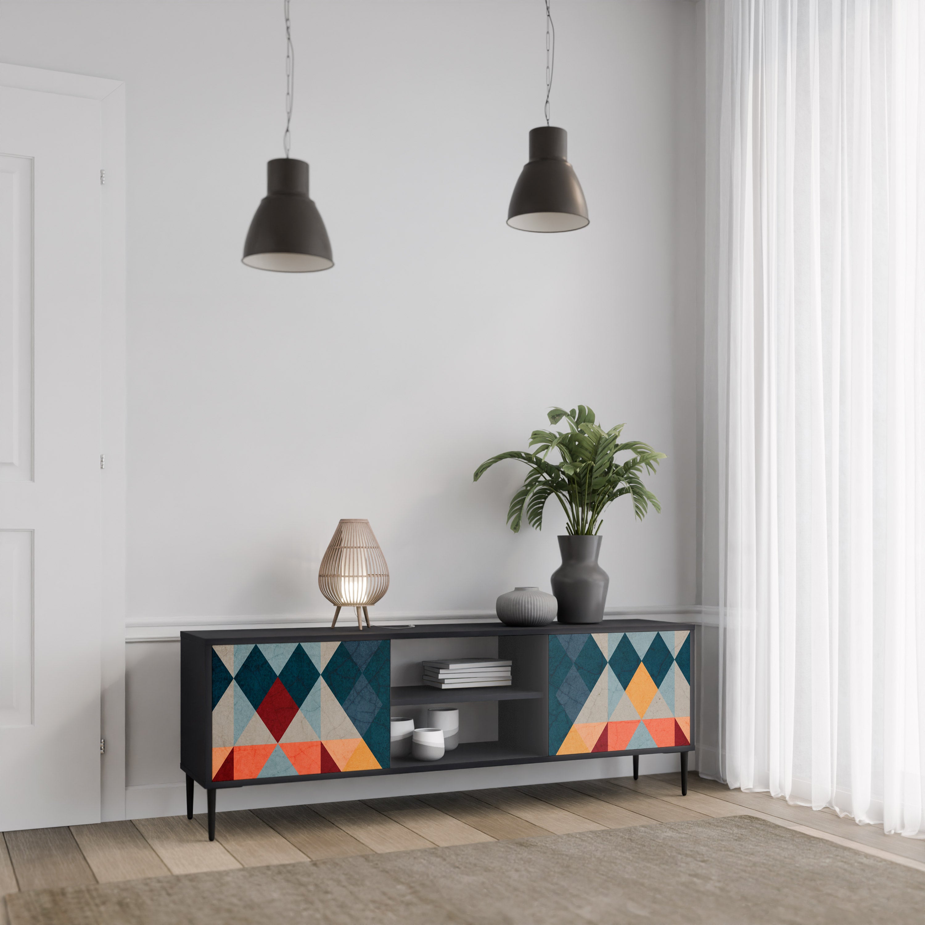 Mueble de TV de 2 puertas CRACKED ILLUSION con acabado negro