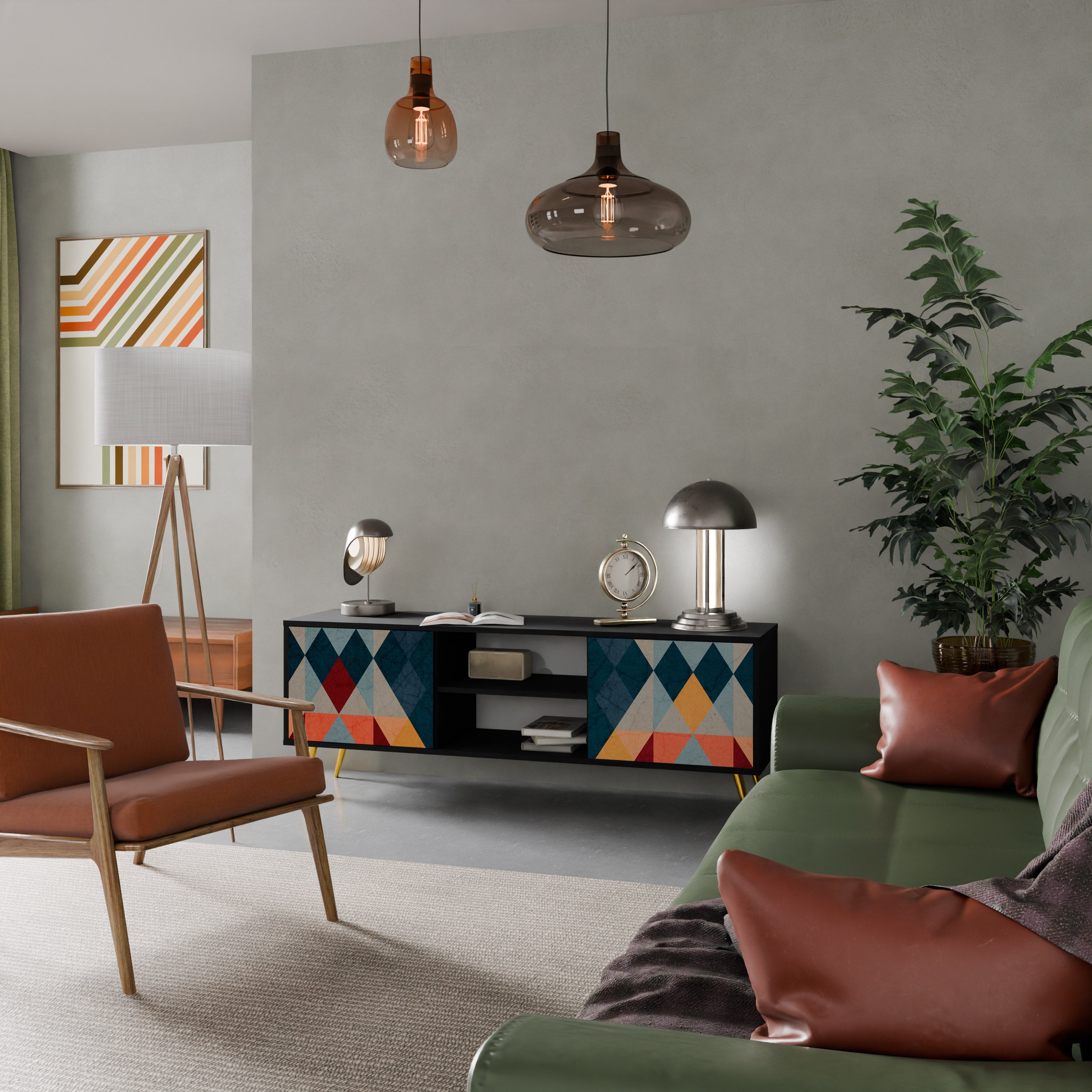 Mueble de TV de 2 puertas CRACKED ILLUSION con acabado negro