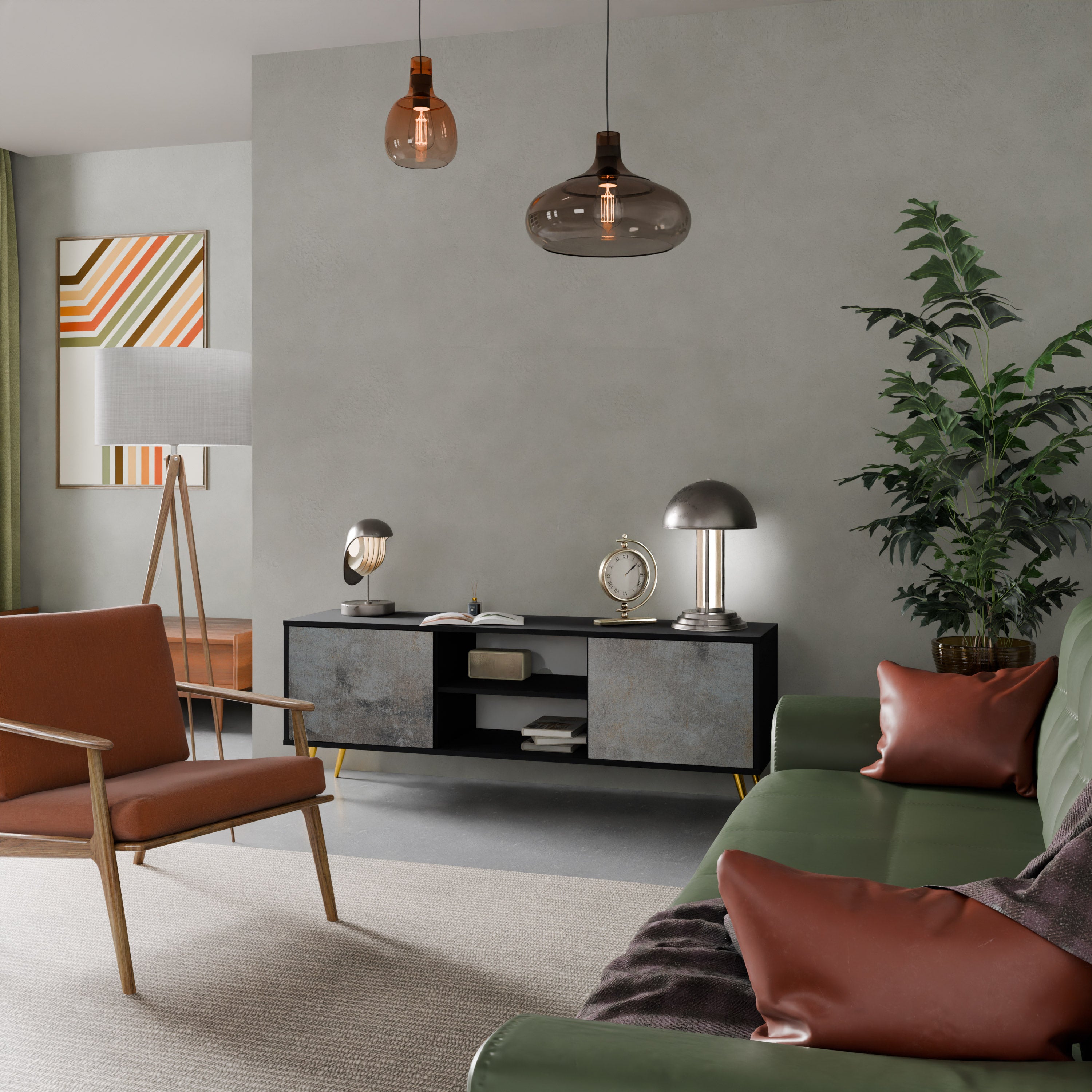 Mueble de TV de 2 puertas CONCRETE WALL en acabado negro