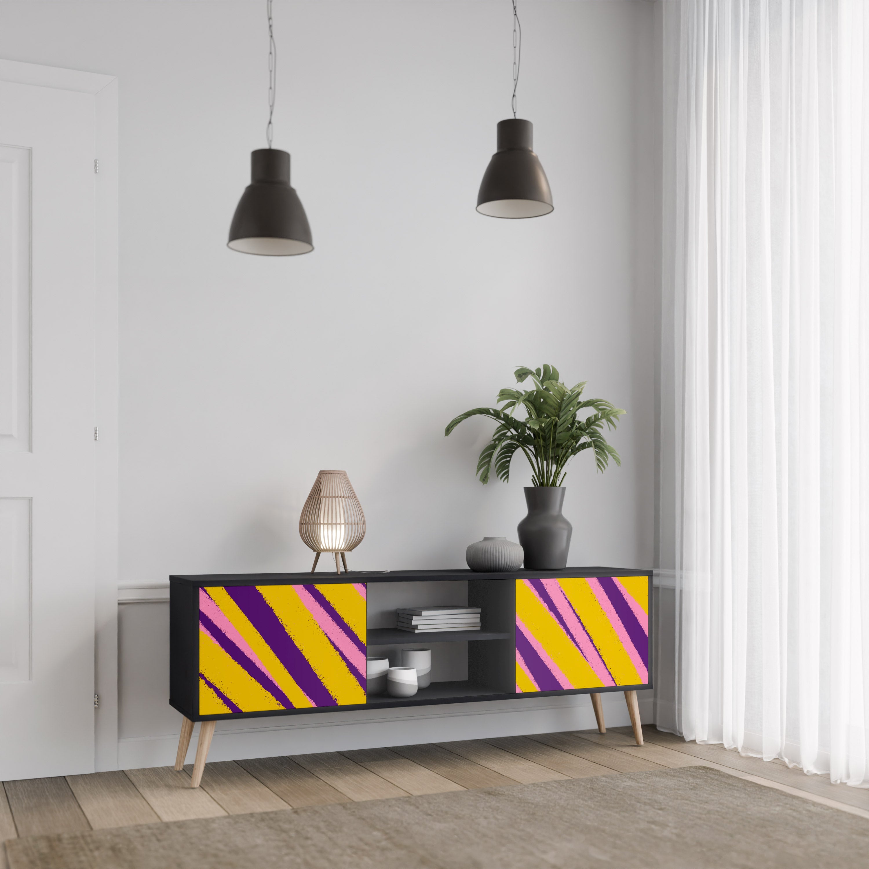 Mueble de TV de 2 puertas con acabado negro LOS SUEÑOS SE HACEN REALIDAD