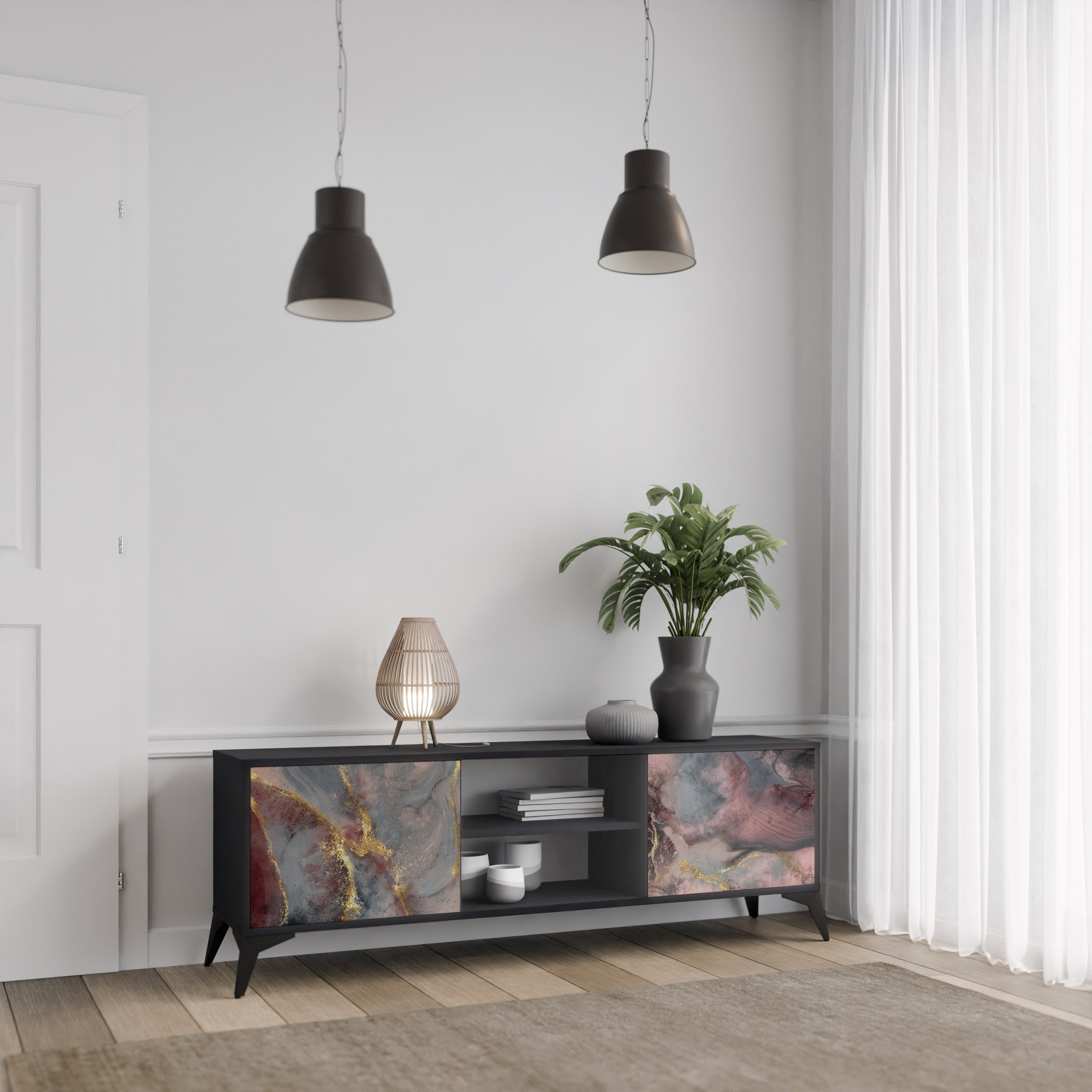 Mueble de TV de 2 puertas GOLDEN TIDES con acabado negro