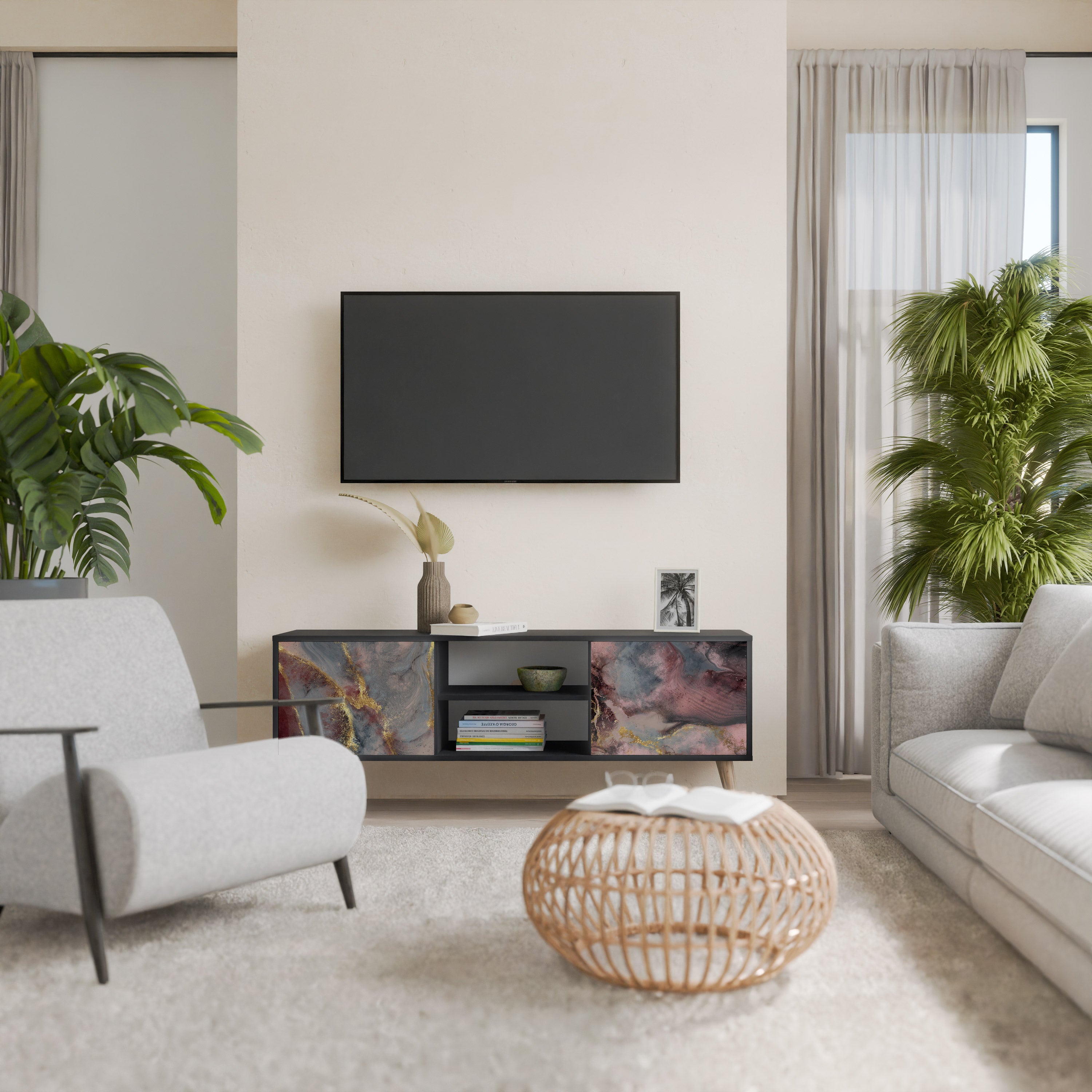 Mueble de TV de 2 puertas GOLDEN TIDES con acabado negro