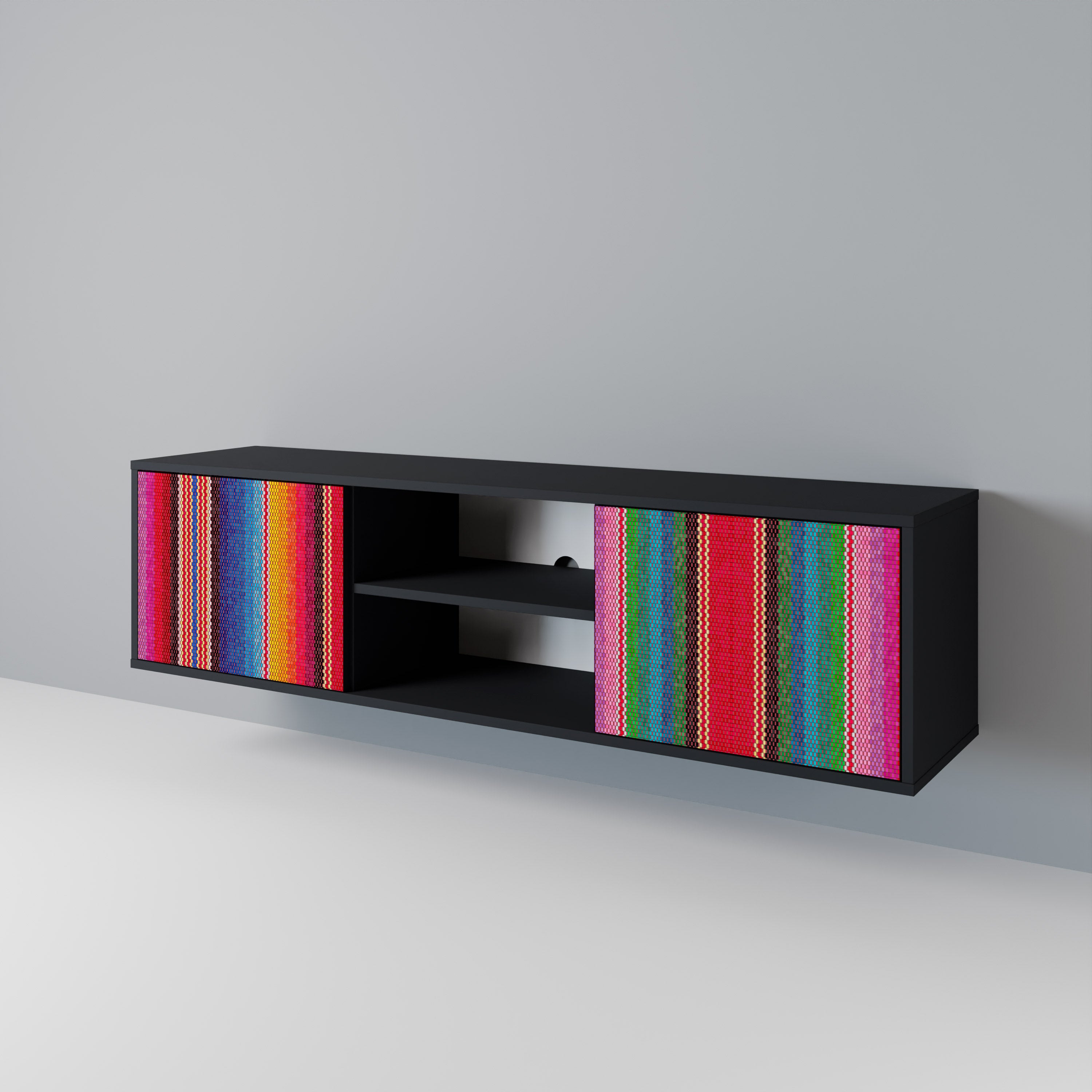 Mueble de TV ÉTNIC MEXICANO de 2 puertas con acabado negro