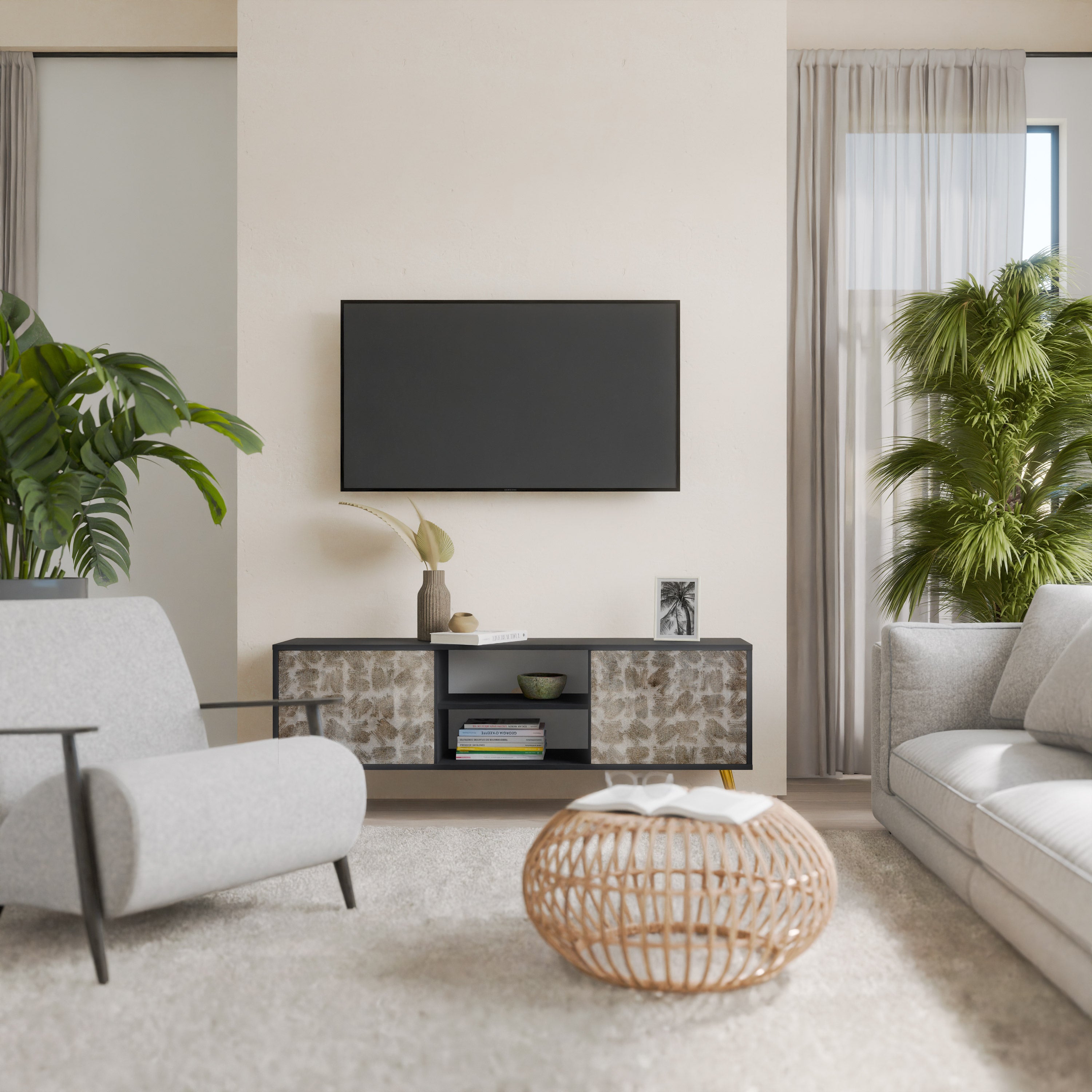 Mueble para TV de 2 puertas SLIGHTLY BLURRED con acabado negro