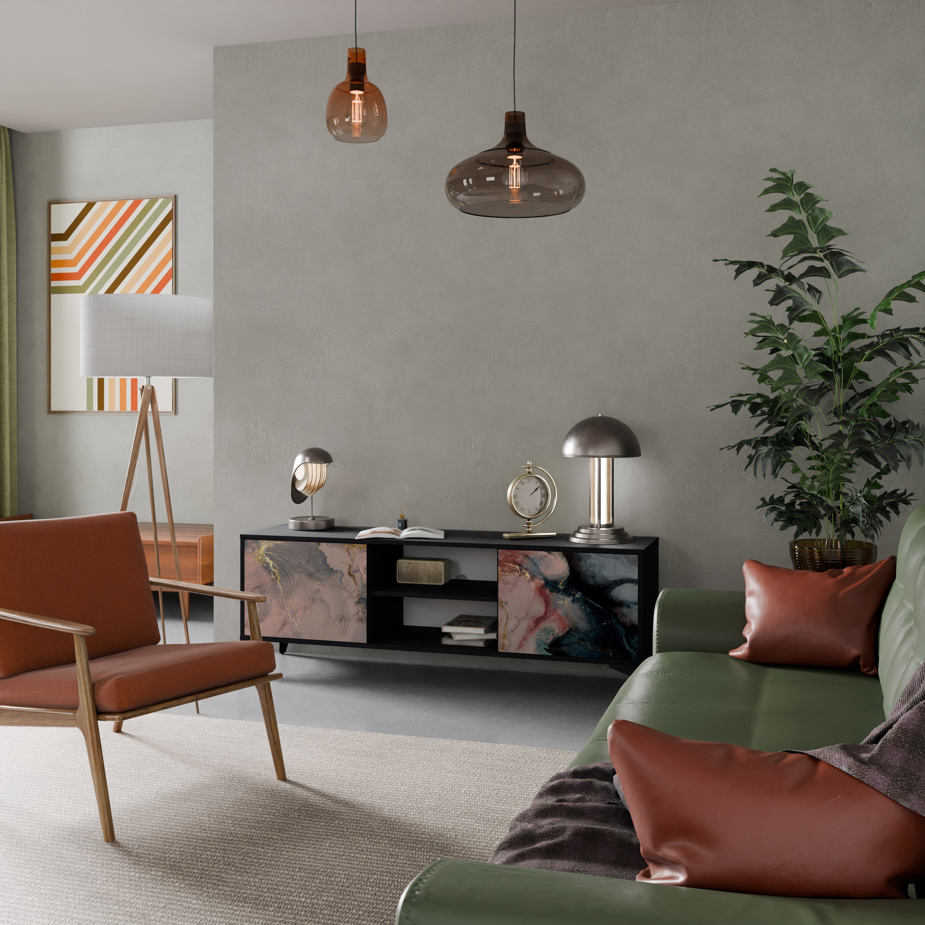 Mueble de TV de 2 puertas GILDED SWIRLS con acabado negro