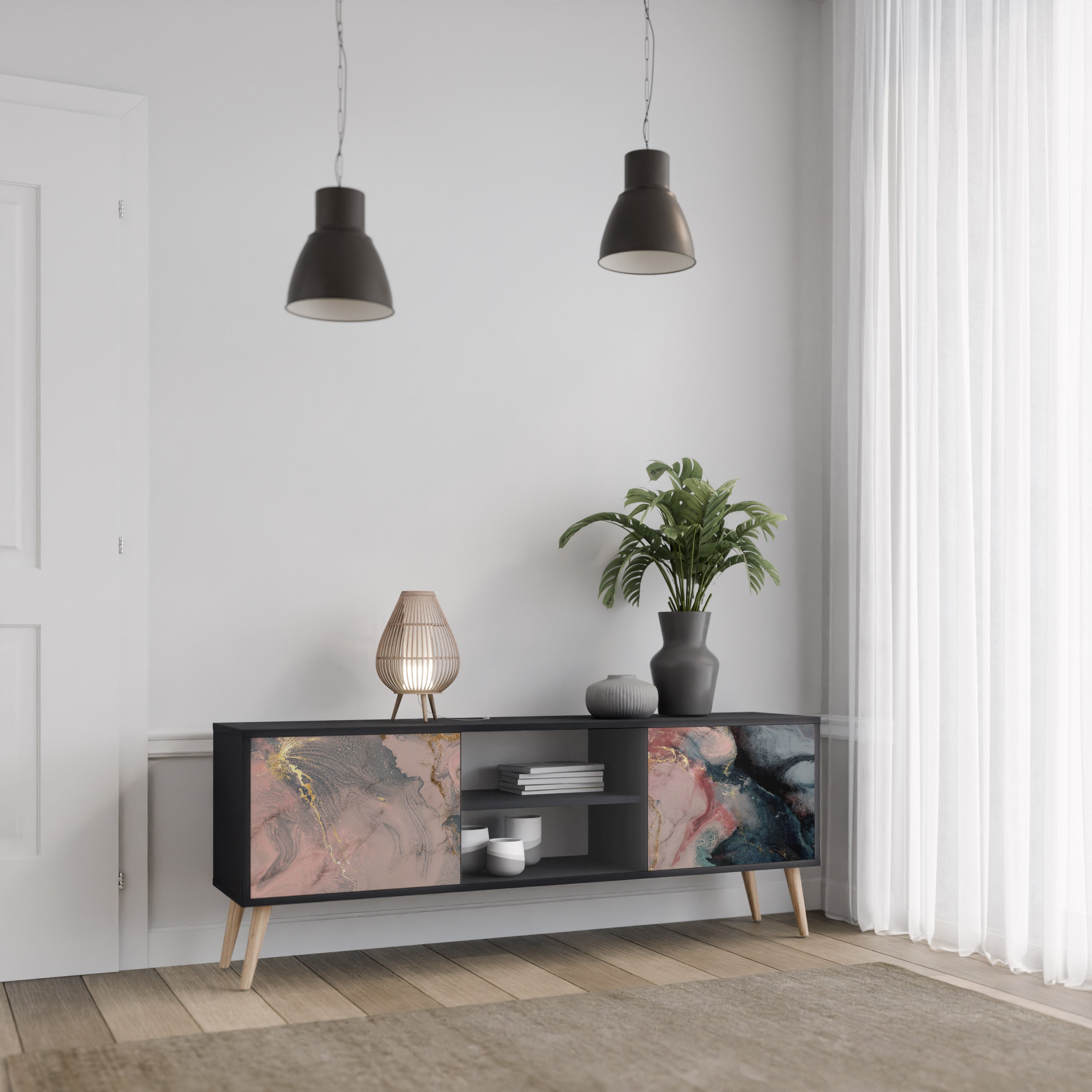 Mueble de TV de 2 puertas GILDED SWIRLS con acabado negro