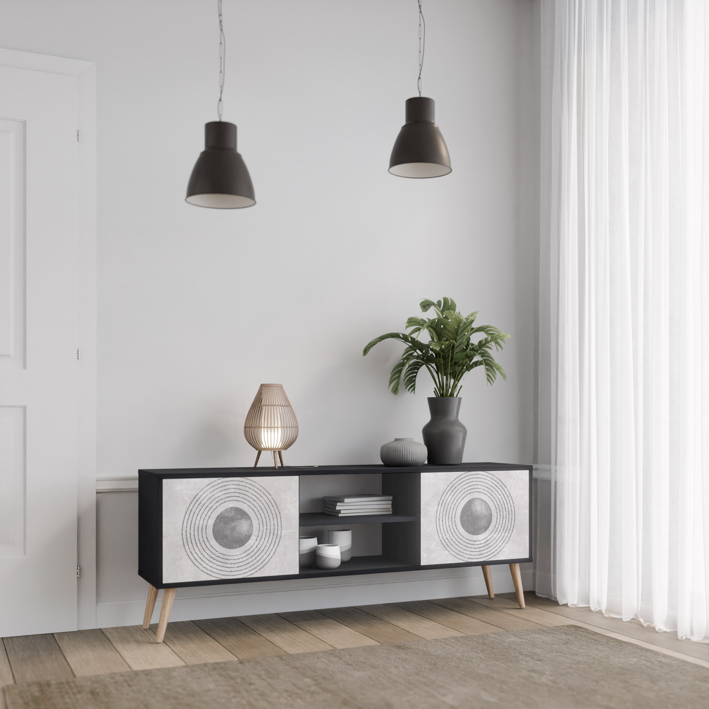 Mueble de TV de 2 puertas SOLID CIRCLES en acabado negro