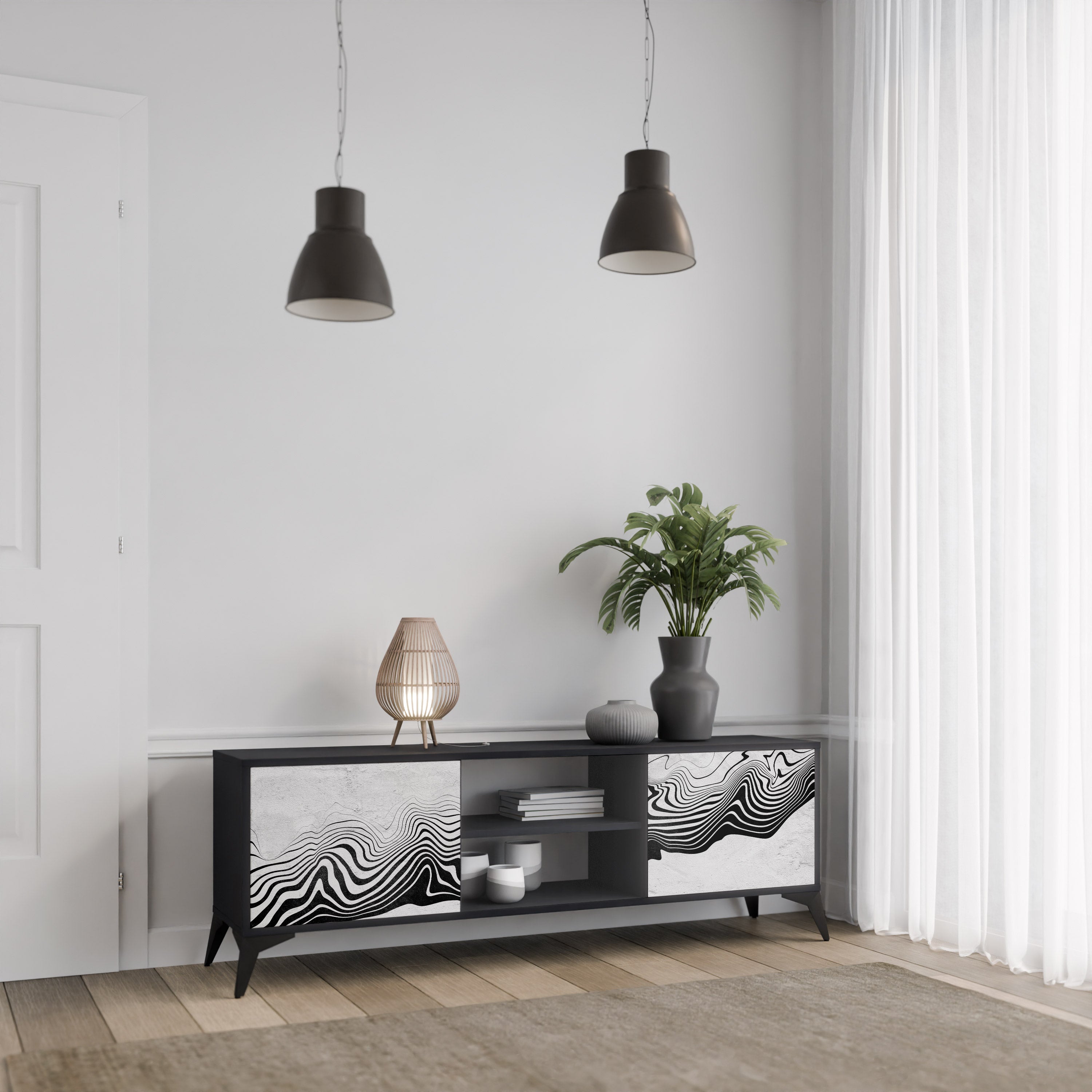 Mueble de TV MIRAGE MONOCROMÁTICO de 2 puertas con acabado negro