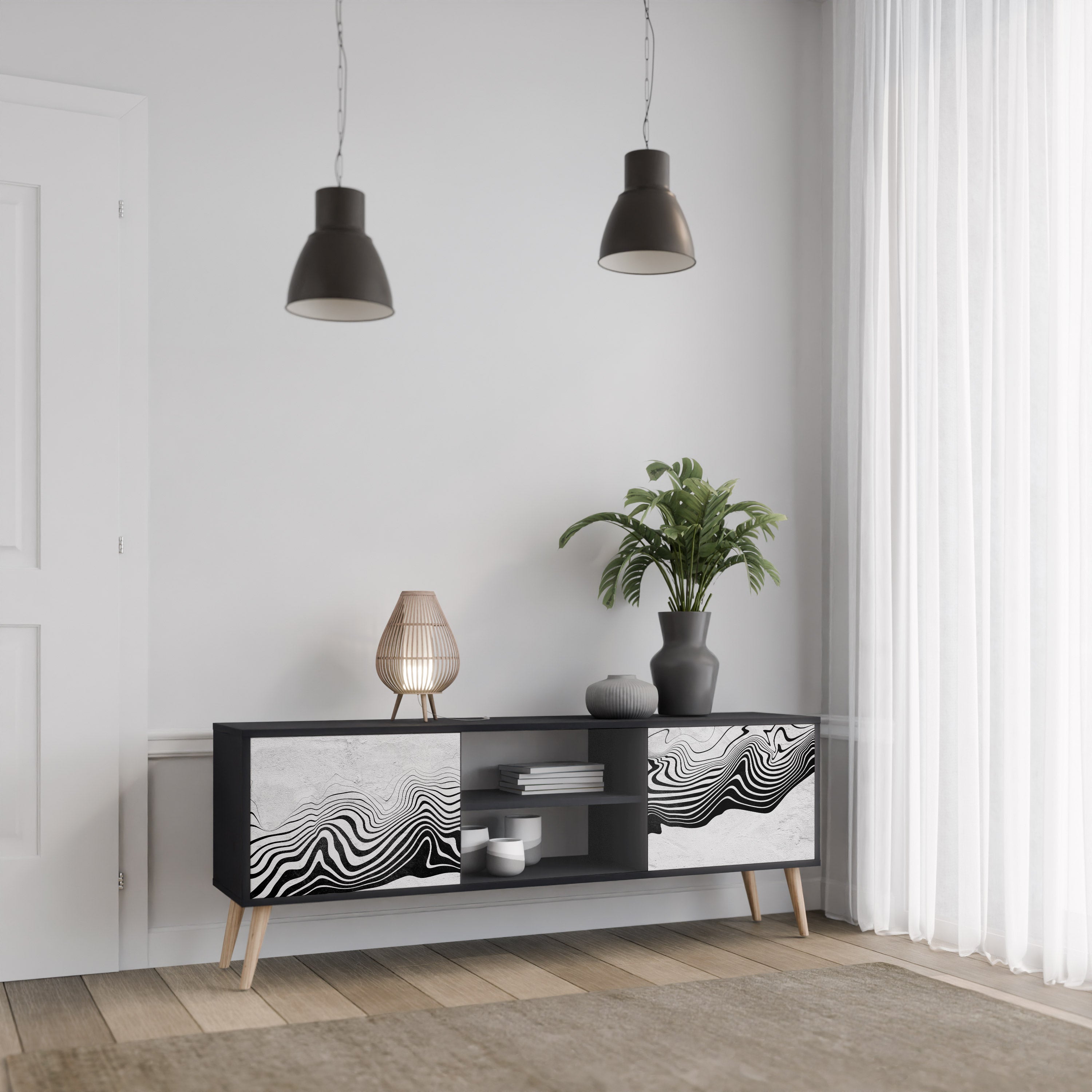 Mueble de TV MIRAGE MONOCROMÁTICO de 2 puertas con acabado negro