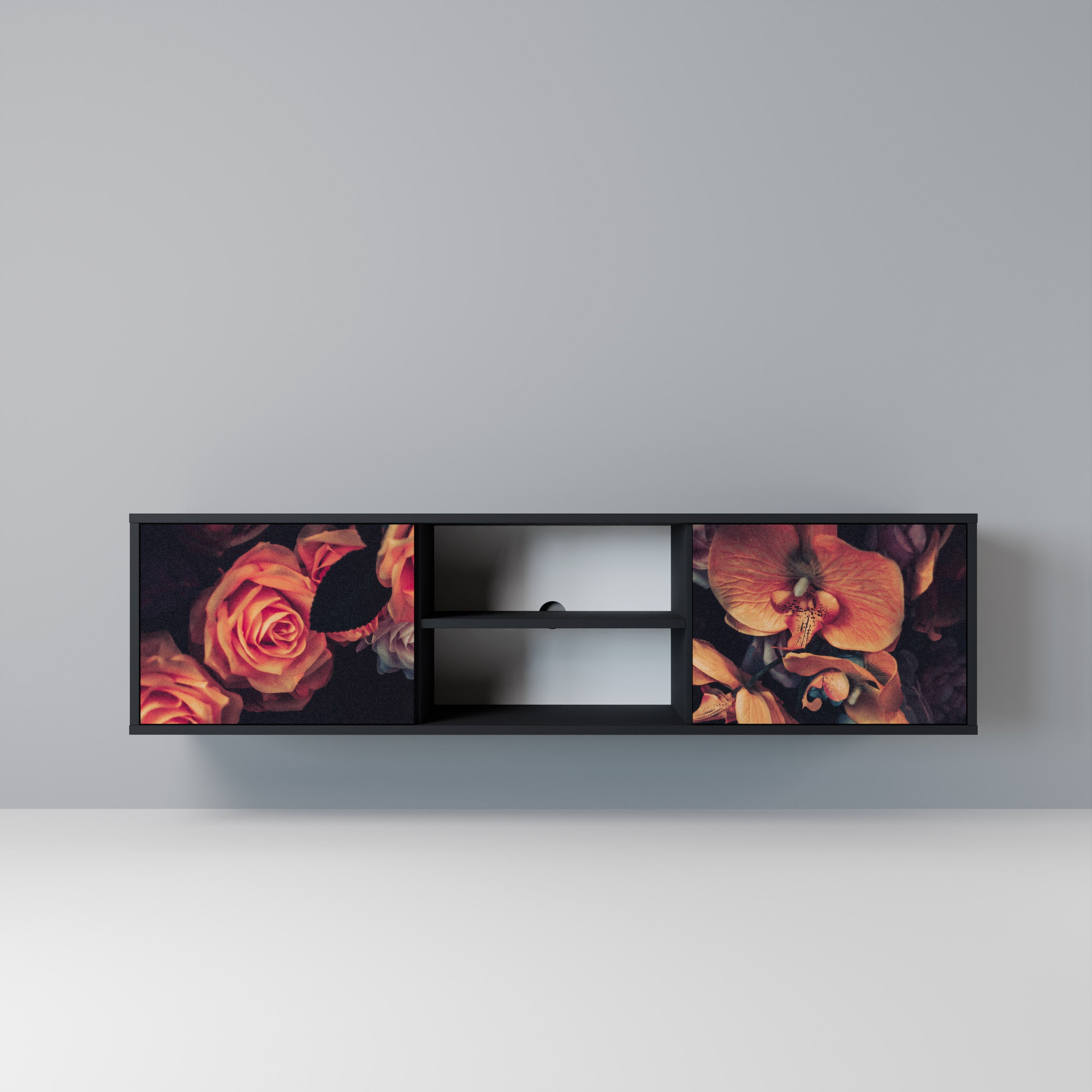Mueble de TV de 2 puertas NEVERENDING BLOOM con acabado negro