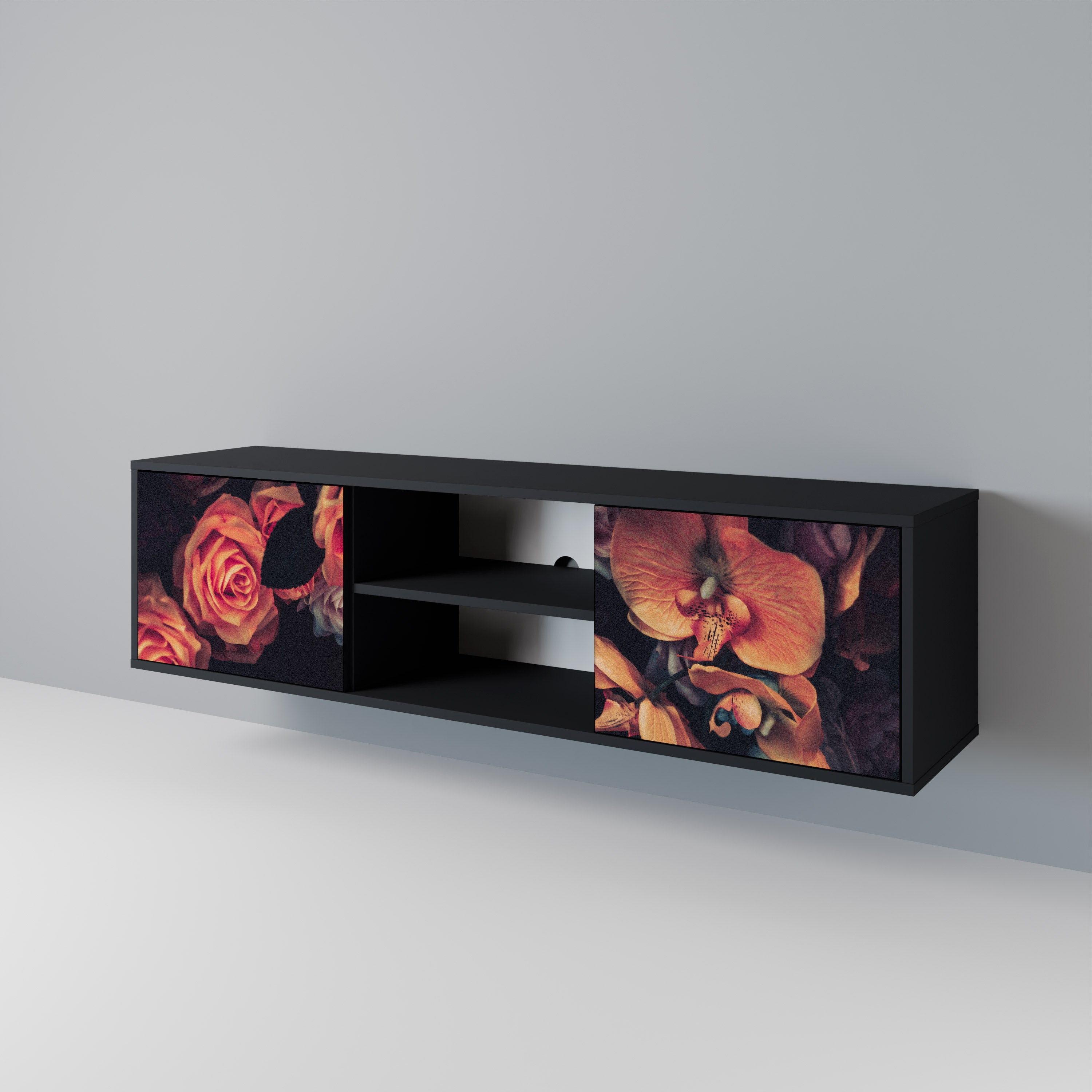 Mueble de TV de 2 puertas NEVERENDING BLOOM con acabado negro