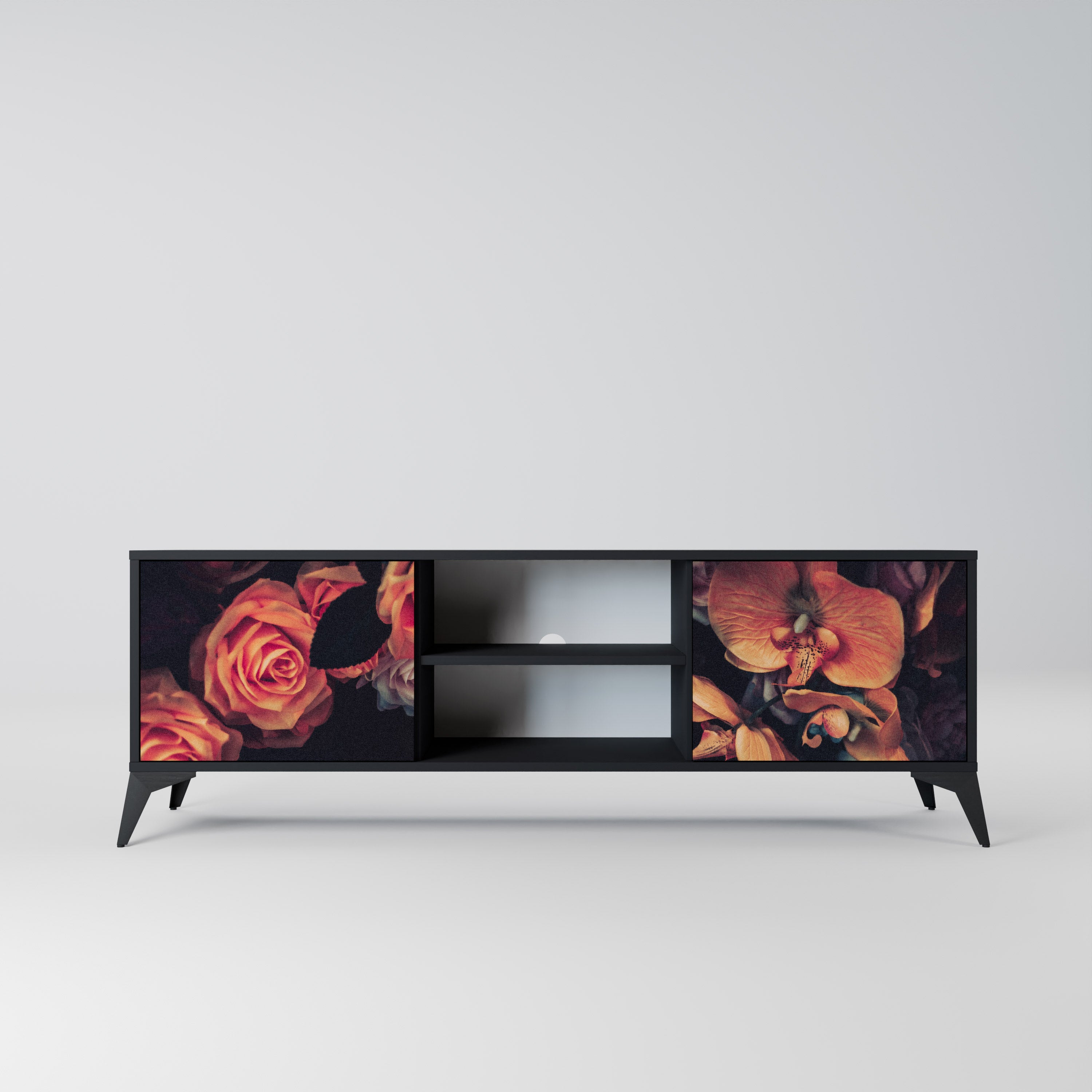 Mueble de TV de 2 puertas NEVERENDING BLOOM con acabado negro