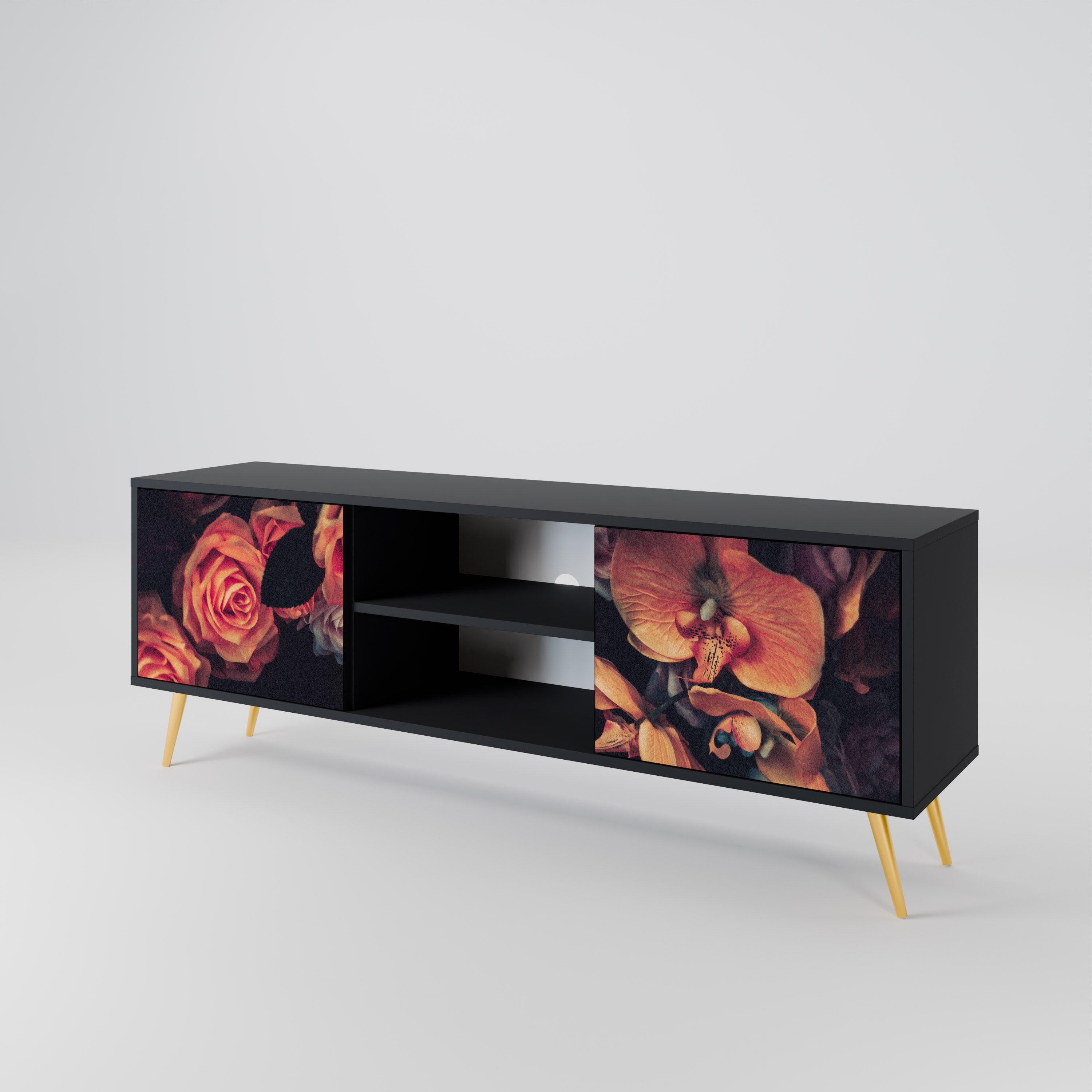 Mueble de TV de 2 puertas NEVERENDING BLOOM con acabado negro